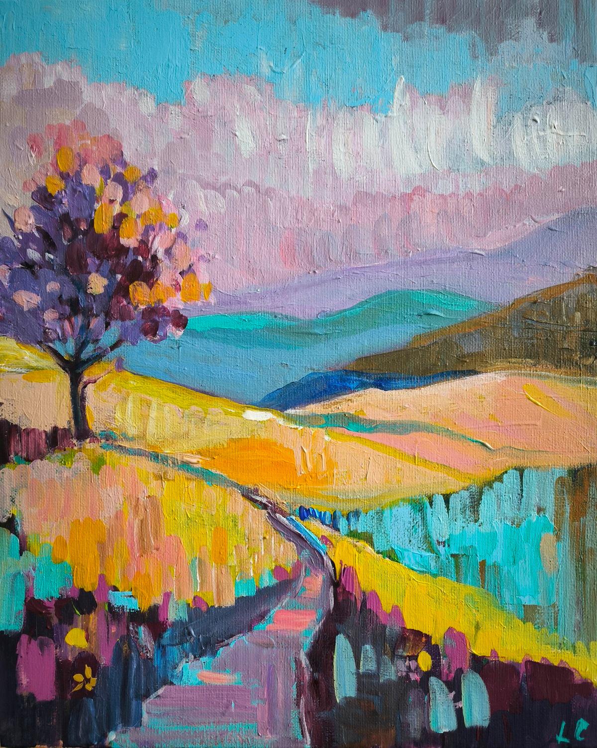 Pastel Mountains & Pastel Waterside – Diptych - Painting by  Linda Clerget