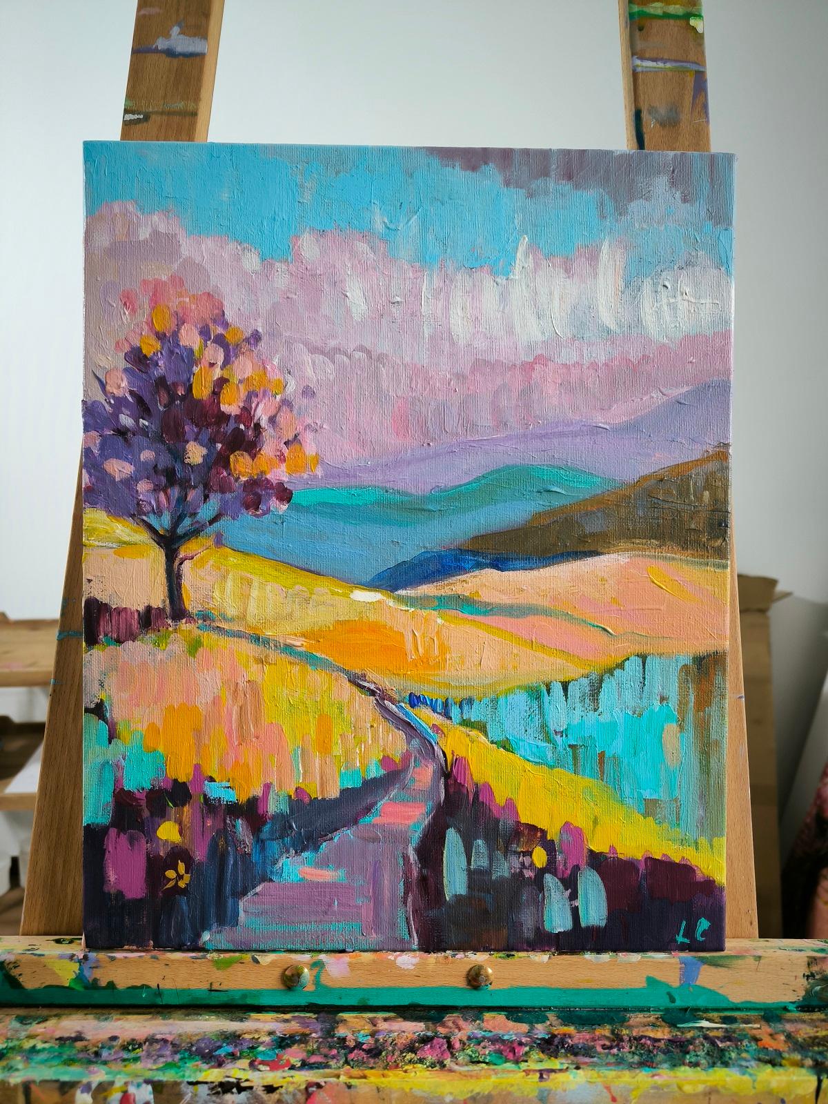 Pastel Mountains & Pastel Waterside – Diptych - Fauvist Painting by  Linda Clerget