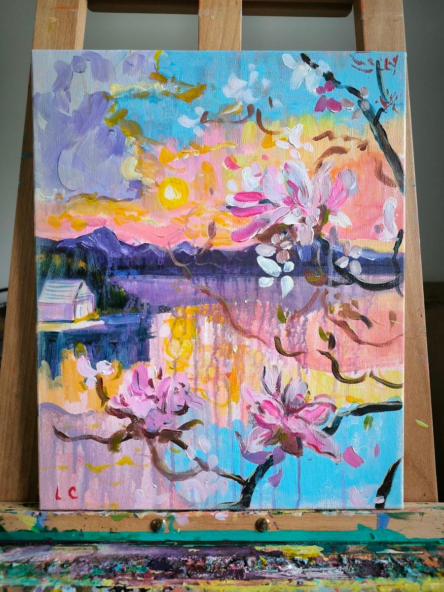 Pastel Mountains & Pastel Waterside – Diptych - Gray Abstract Painting by  Linda Clerget