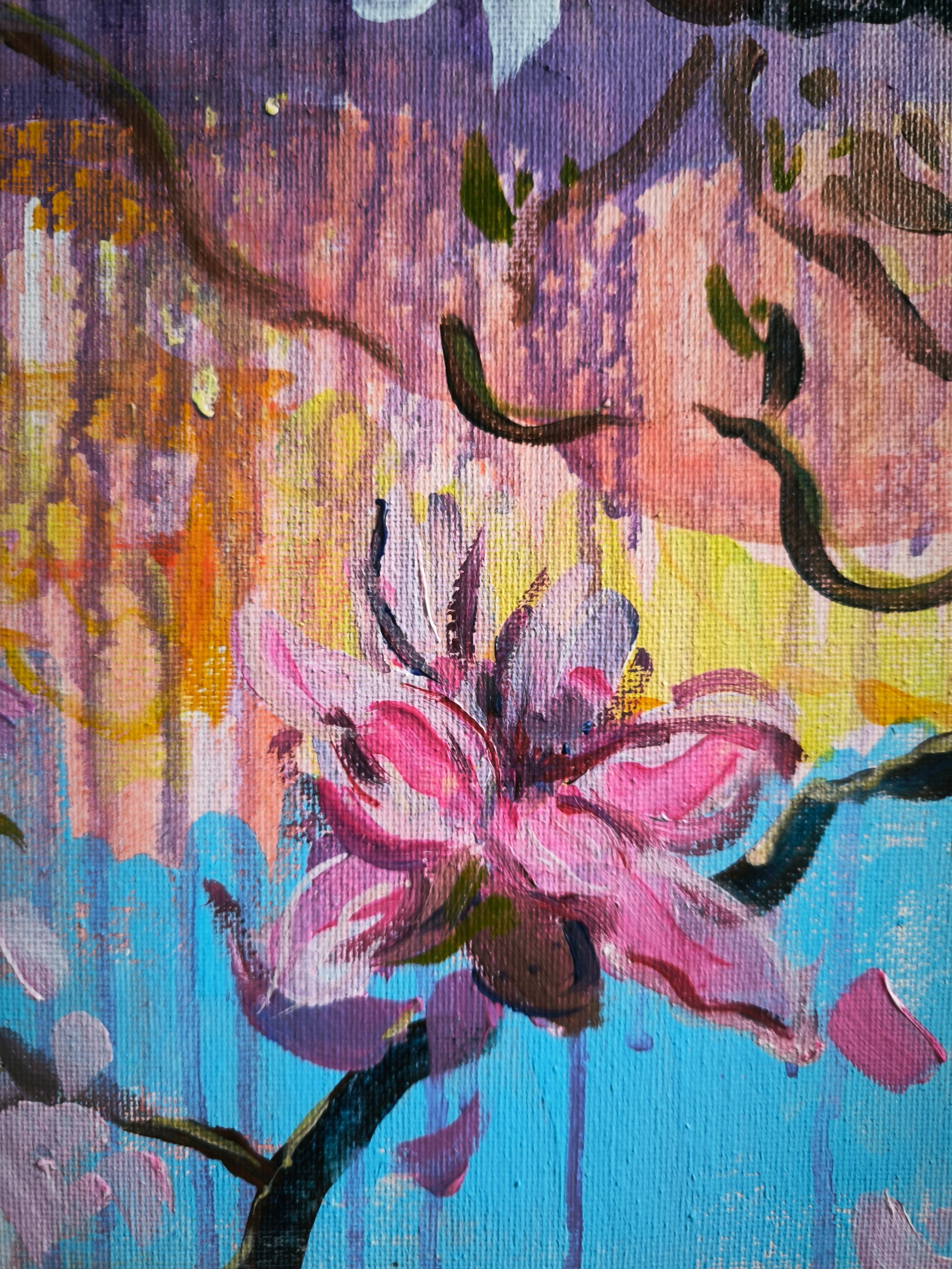This painting was inspired by Asian Zen landscapes, and I wanted to highlight relaxing and familiar elements, like symbols that ask us to suspend time and stop. I chose to use pastel colours for their softness and ability to catch the eye, so that