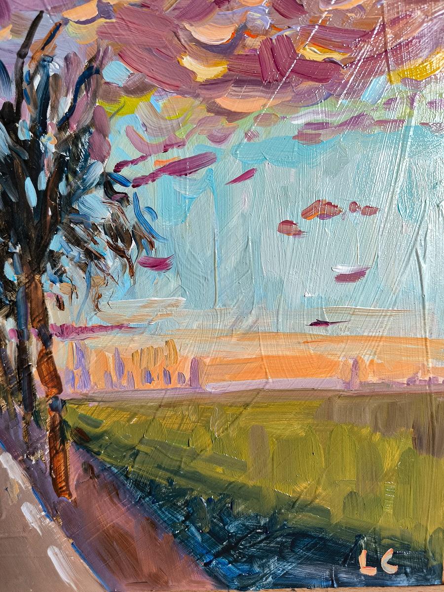 SKY OVER FAvorITE ROAD - Marron Landscape Painting par  Linda Clerget