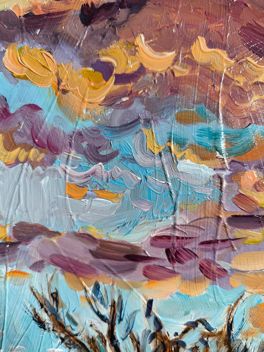 Cette œuvre captivante capture une scène de paysage enveloppée d'une atmosphère orageuse et dramatique. Linda Clerget a habilement transmis la tension et la force des éléments naturels à travers ce support en bois, qu'elle avait préalablement