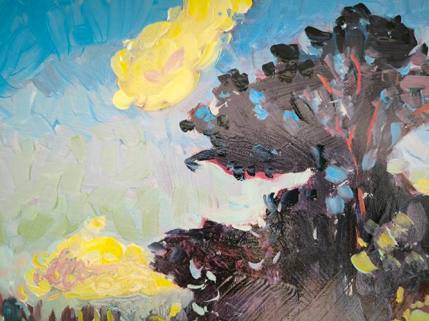 Sumérgete en la luminosa serenidad de Sol sobre el campo, un cautivador óleo de Linda Clerget. Este expresivo paisaje capta una tranquila escena rural bañada por la luz dorada del sol poniente. Con pinceladas audaces y empastadas, Clerget evoca el