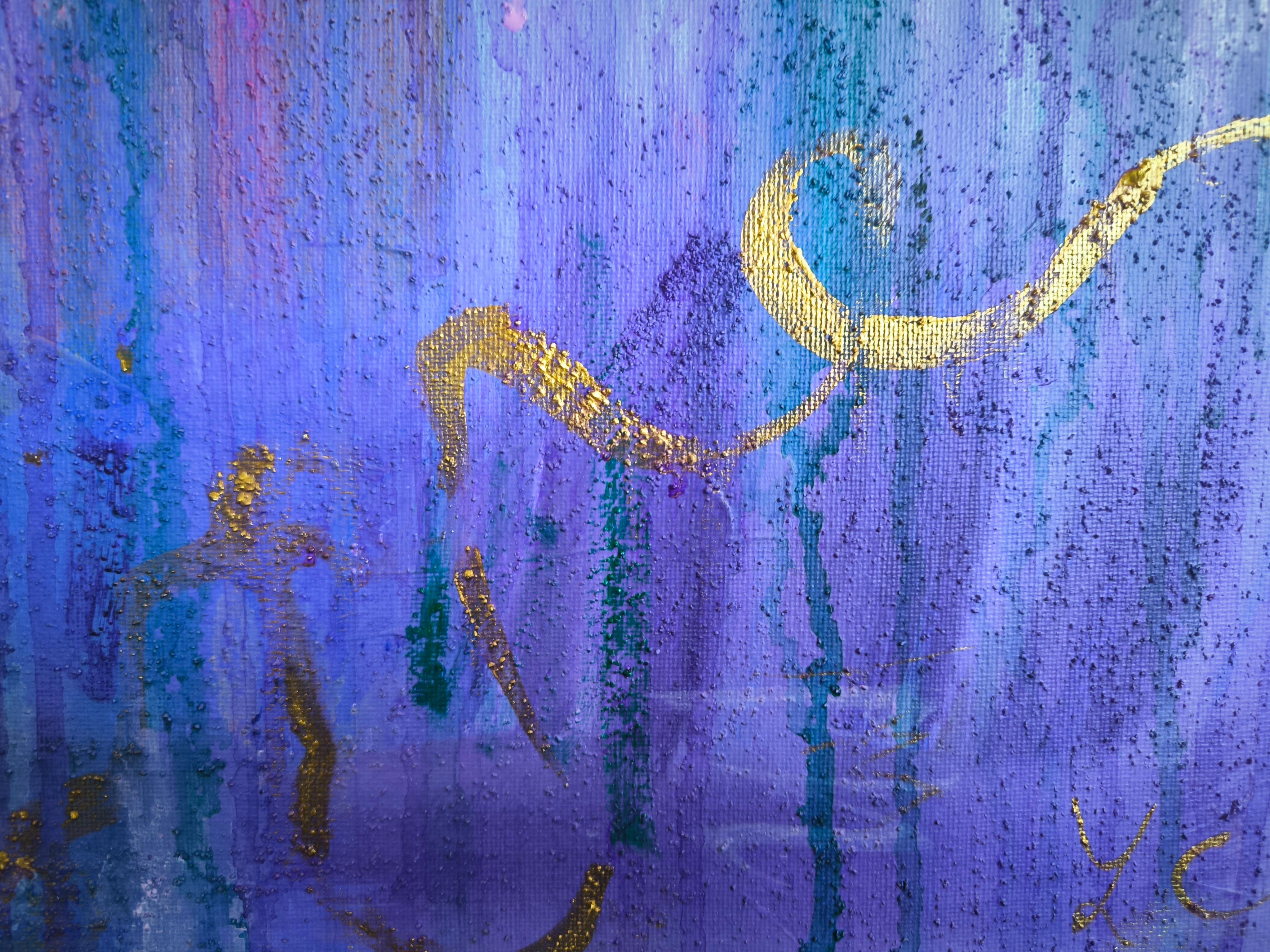 The Guardian is part of Linda Clerget’s Biostellaires series, a body of work exploring the intersection of the natural world and the cosmic. In this painting, a luminous lion stands watch over a dreamlike landscape, surrounded by ethereal waves and