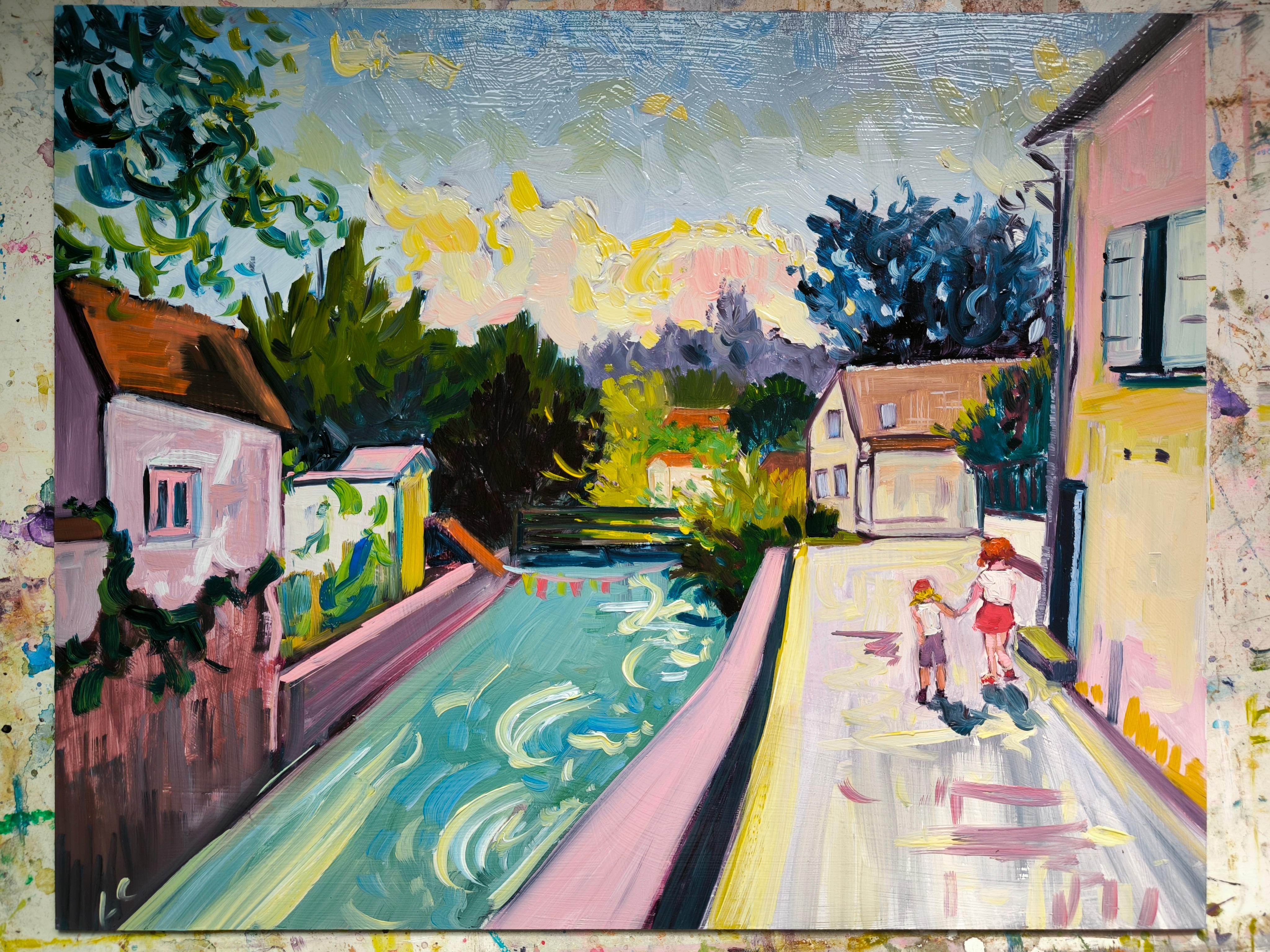 Deux sœurs par l'eau - Gris Figurative Painting par  Linda Clerget