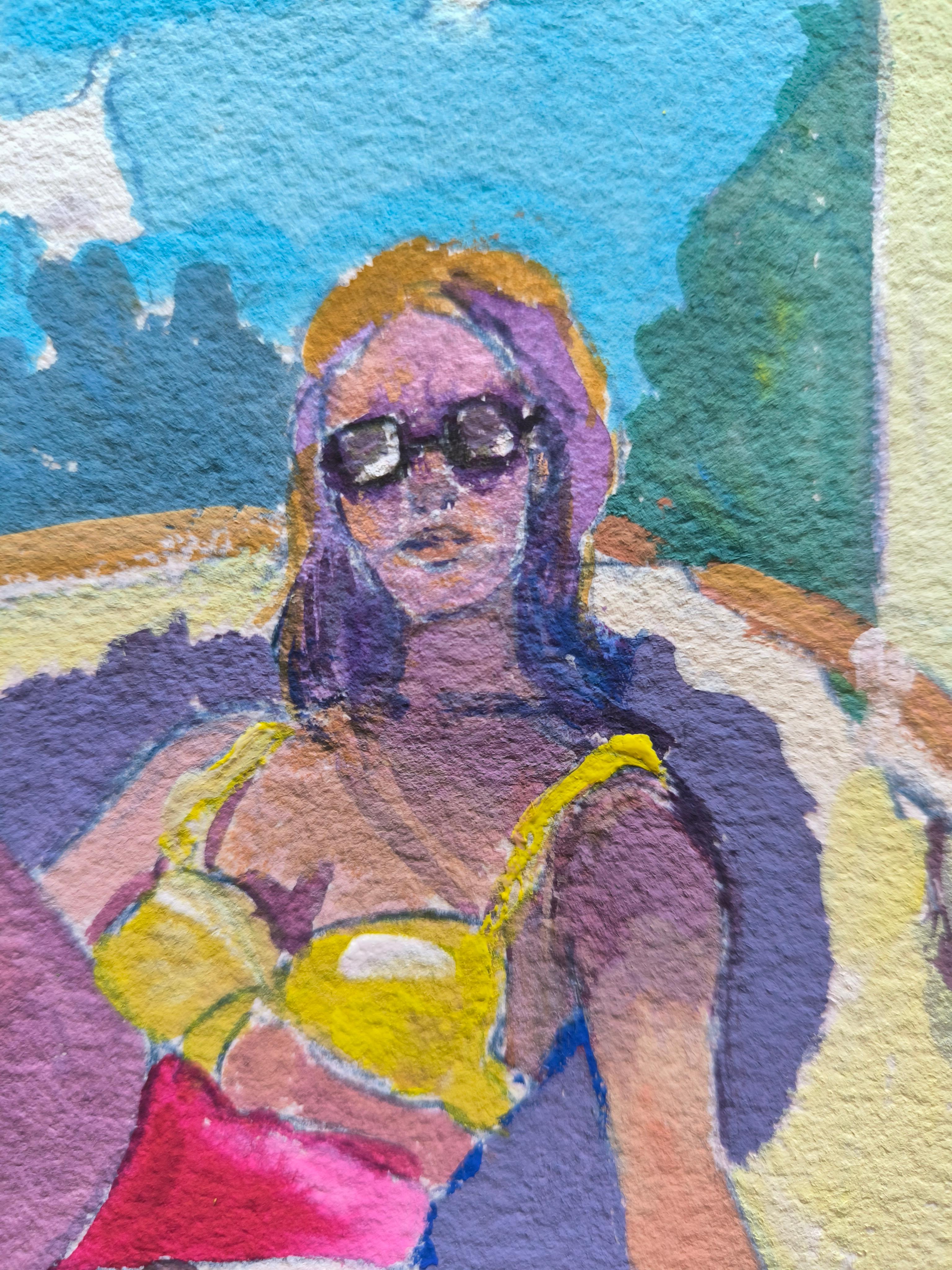 This gouache painting captures a woman comfortably seated in a lounge chair on a sunny patio. Her long purple hair and sunglasses give her a relaxed, summery look. Her body is represented in a simplified way, with rounded shapes and vivid colors