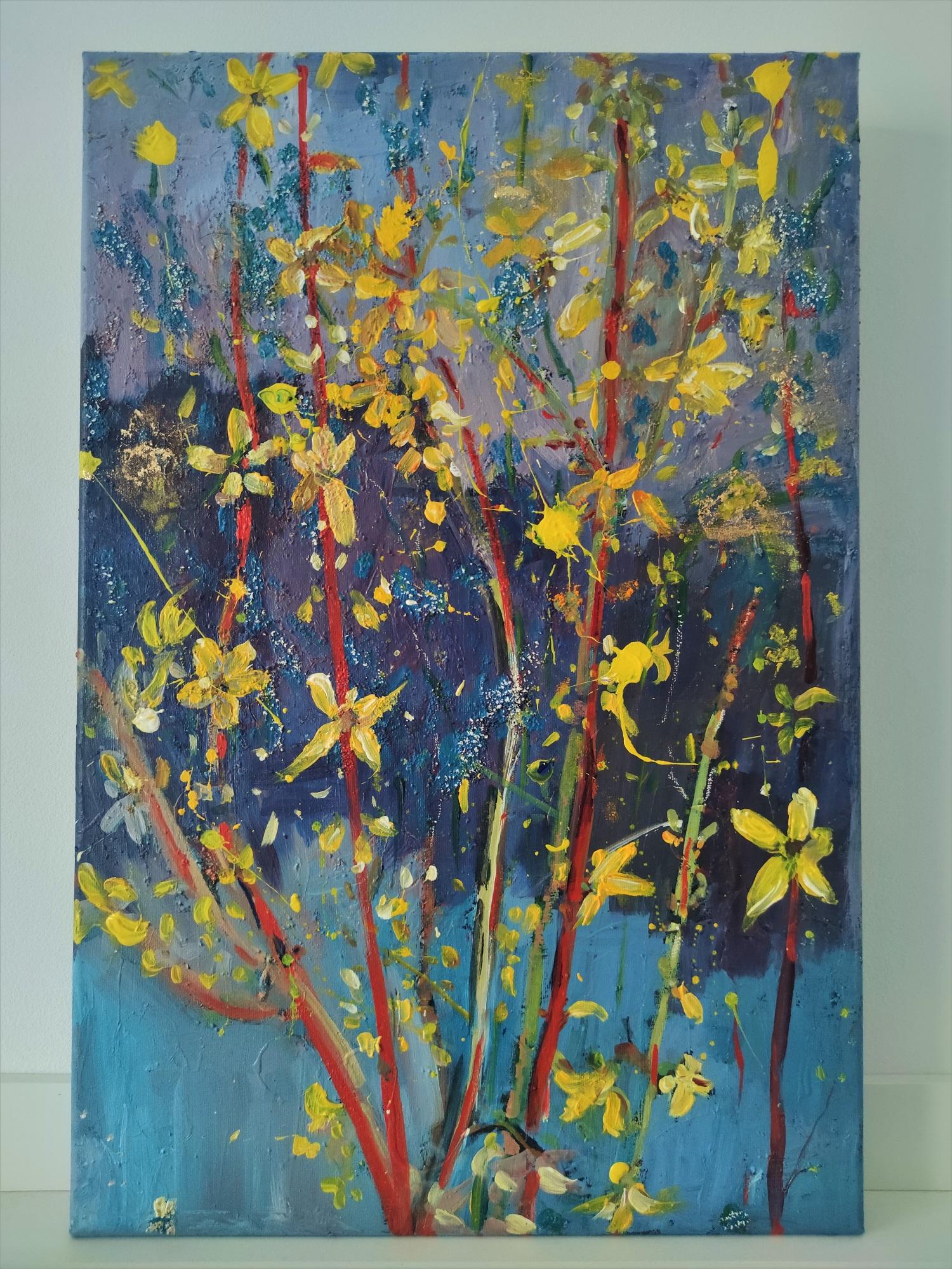Abstract floral painting 'Fosythia is waiting for rain' - Painting by Linda Clerget