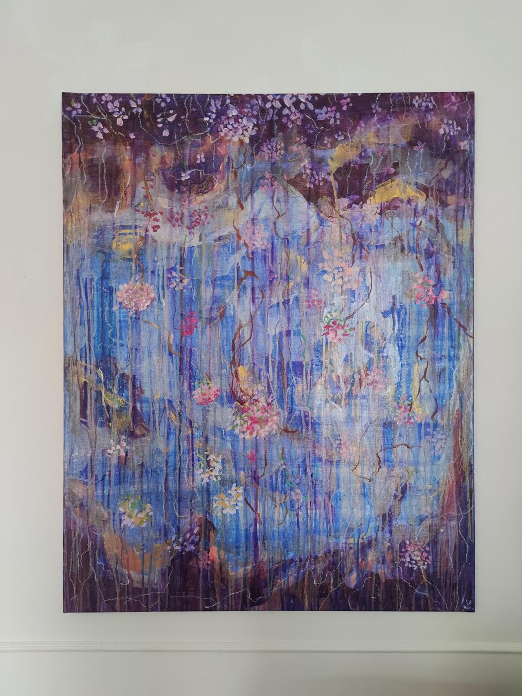'Blue Space Dream', Blue and purple cosmic and vegetal abstract painting - Painting by Linda Clerget