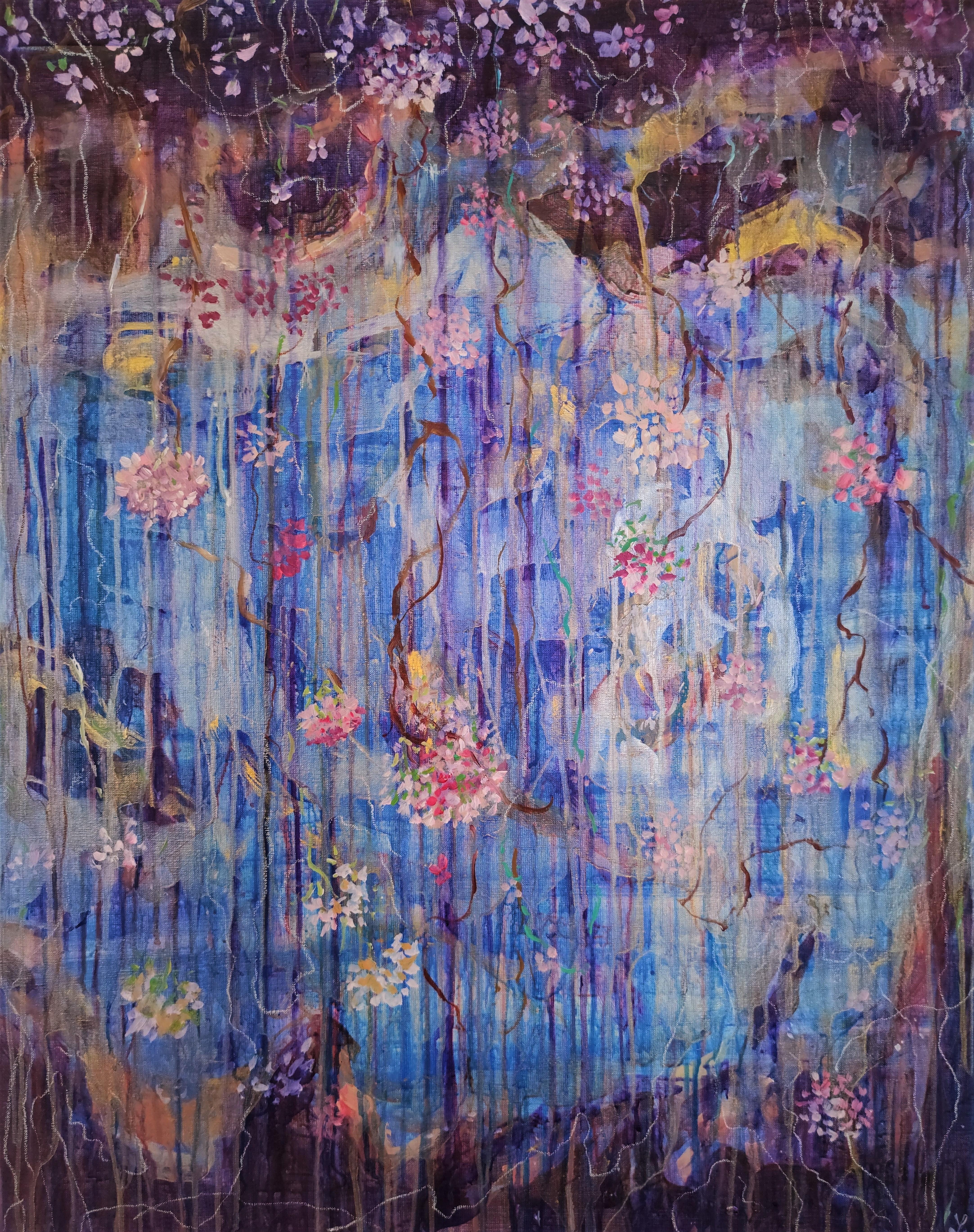 Linda Clerget Abstract Painting - 'Blue Space Dream', Blue and purple cosmic and vegetal abstract painting