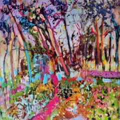 Colorful outdoor abstract impressionist landscape painting, "Morning Mystery"