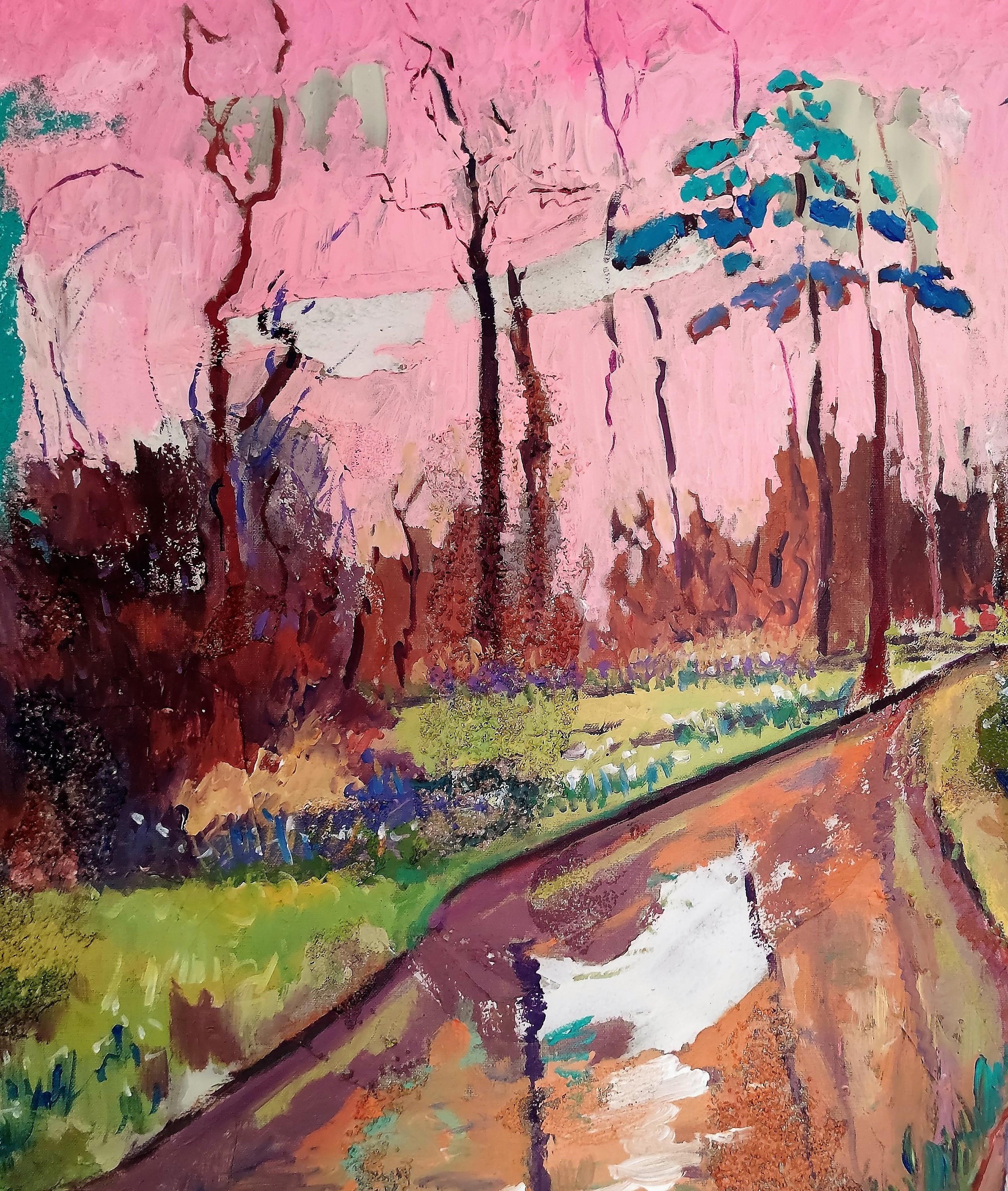 Neo-impressionist landscape 'Under a Pink Sky'  - Fauvist Painting by Linda Clerget