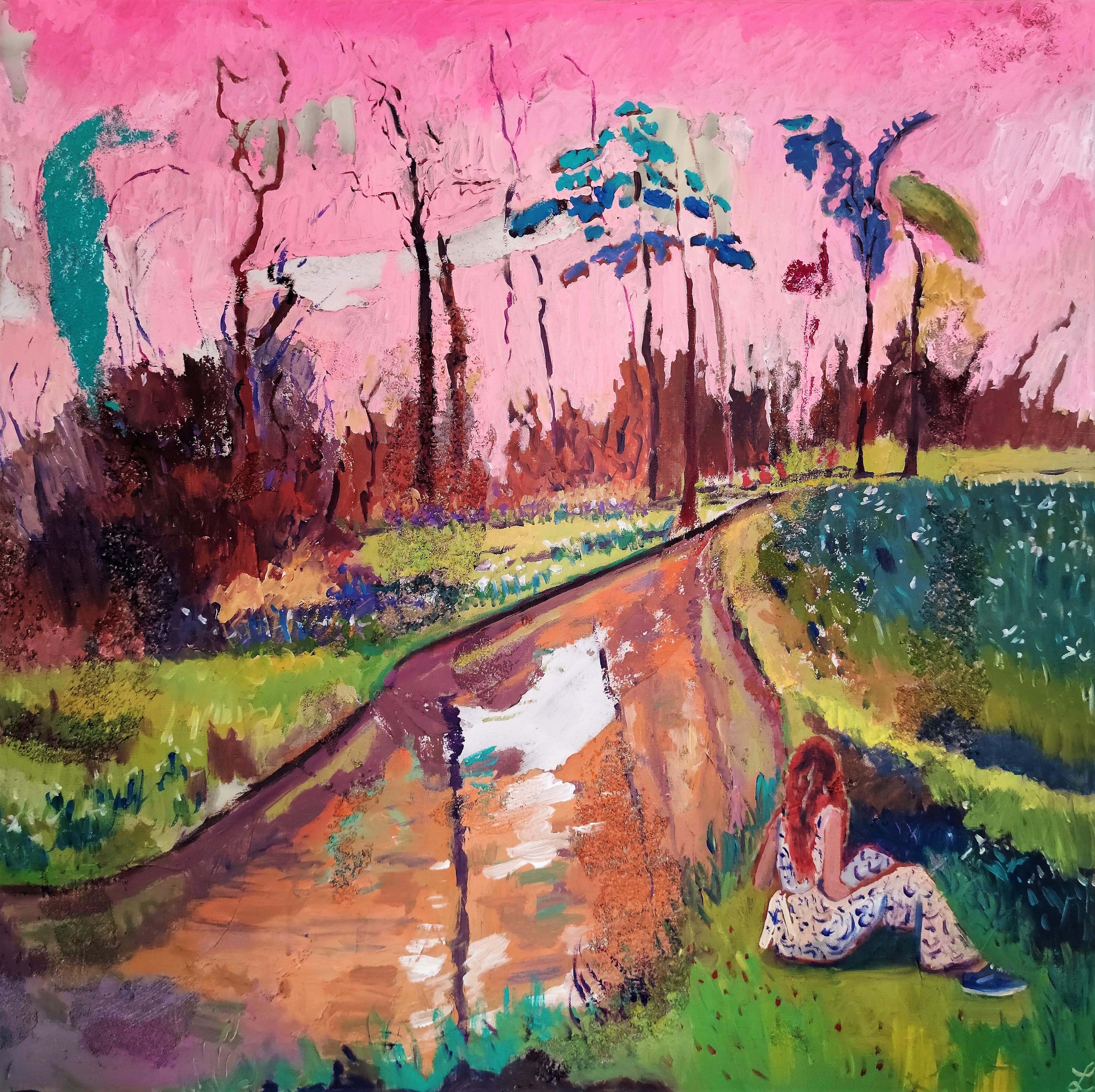 Linda Clerget Abstract Painting - Contemporary dreamy french landscape with a river 'Under a Pink Sky' 