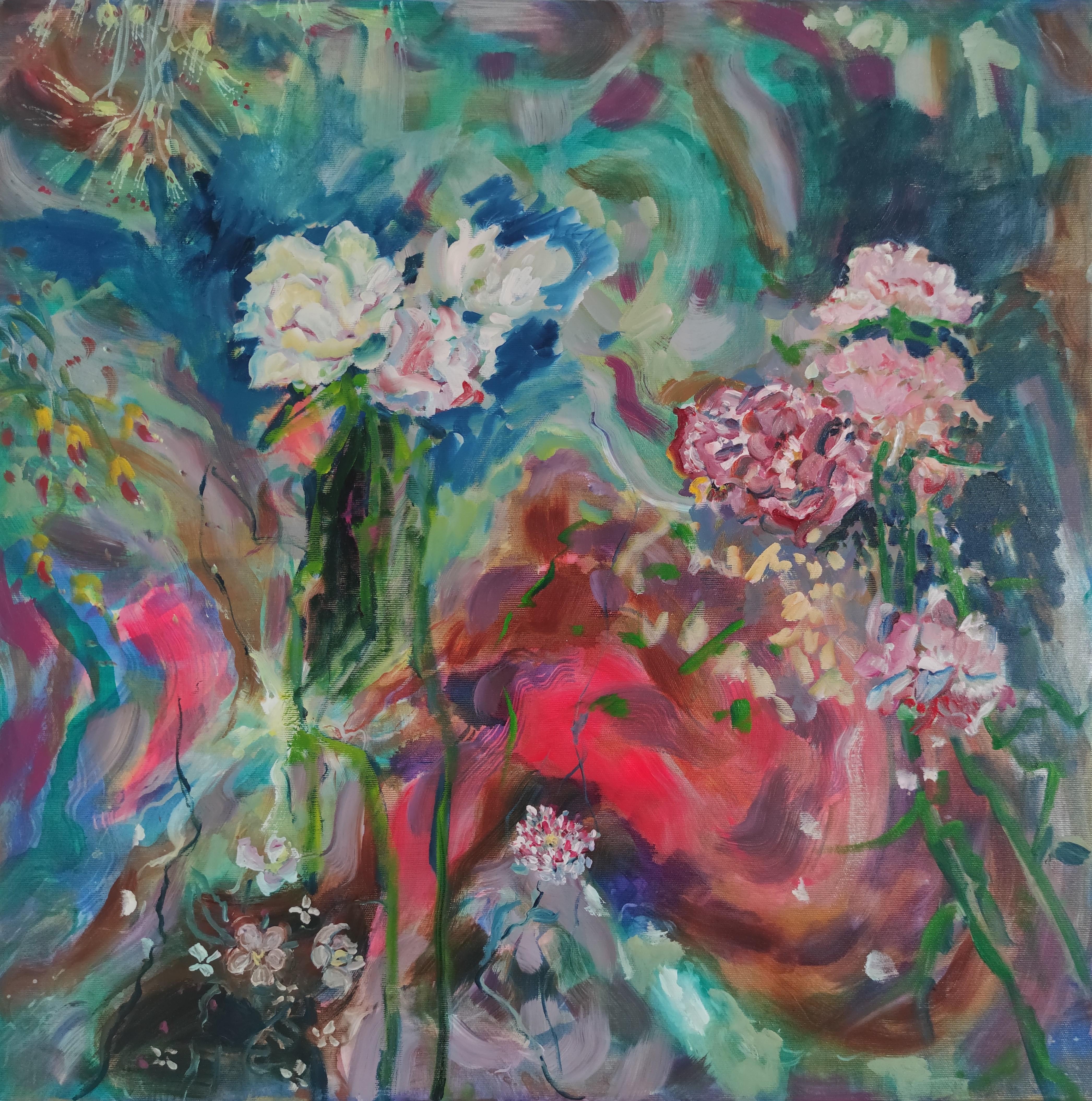 Linda Clerget Abstract Painting - "Cosmos Roses" - Gestural and abstract canvas around the cosmos and roses