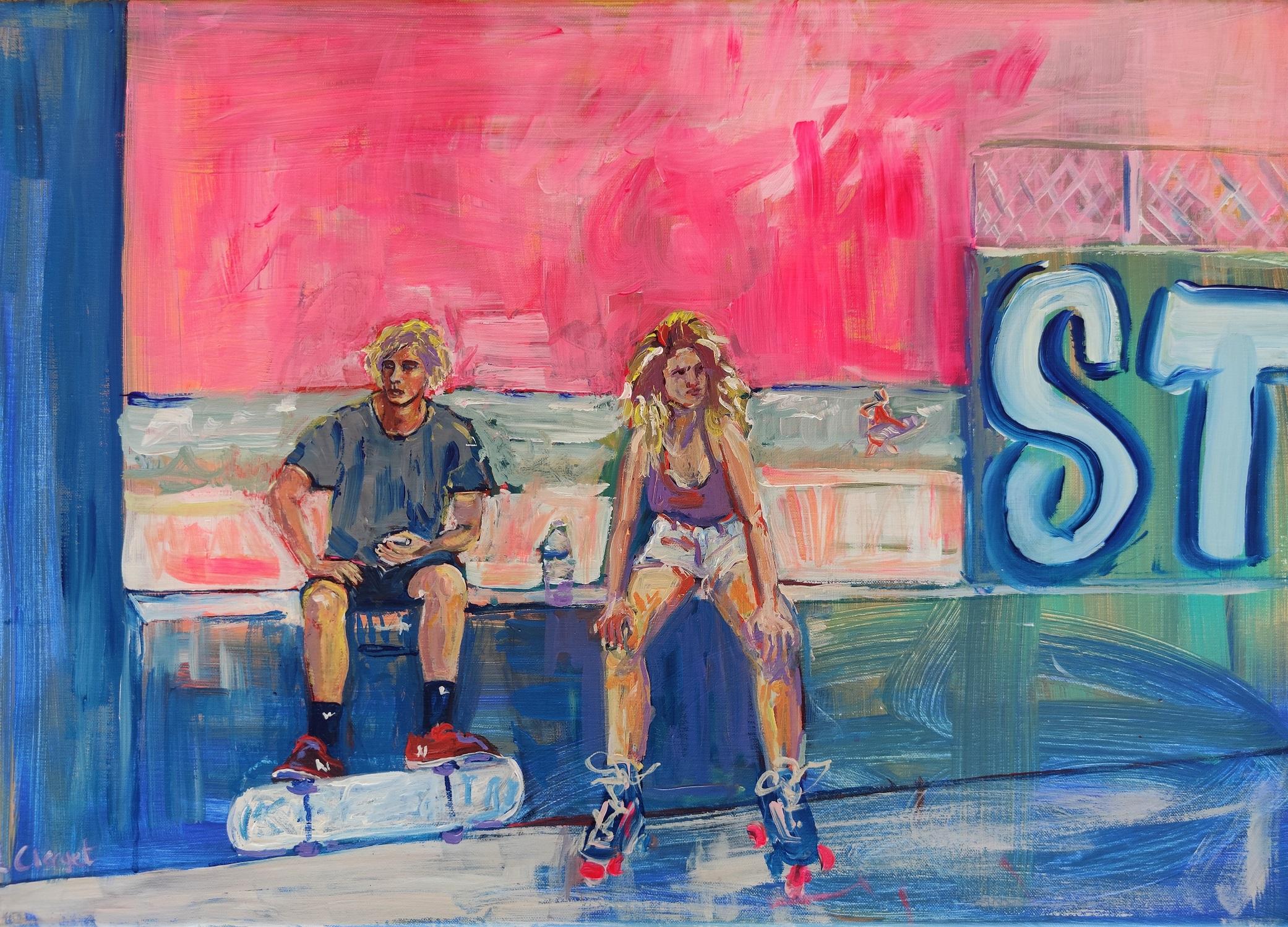 Dyptic : A Californian Skateboarding Odyssey - Painting by Linda Clerget