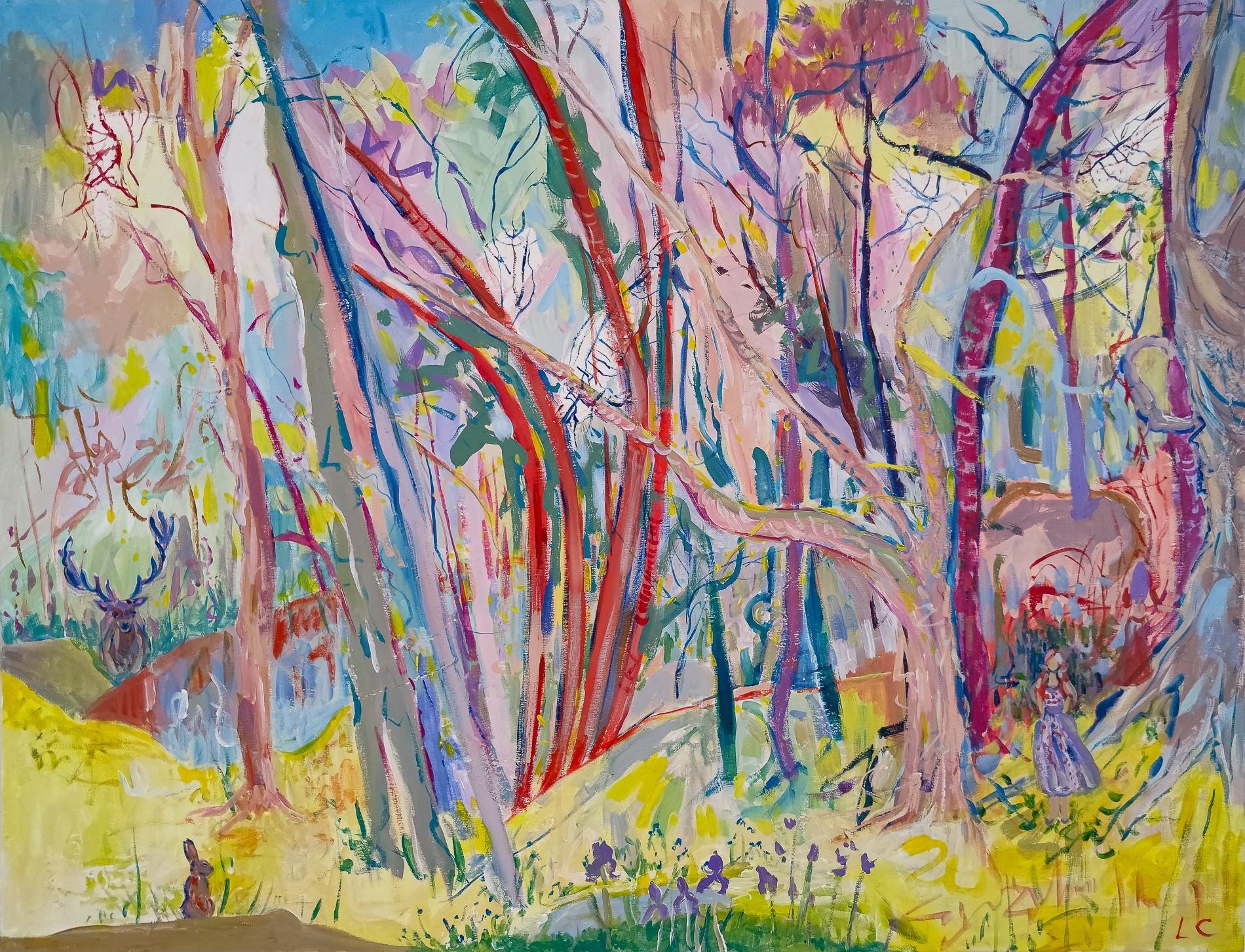 Linda Clerget Landscape Painting – Die Echos des Lebens im Wald
