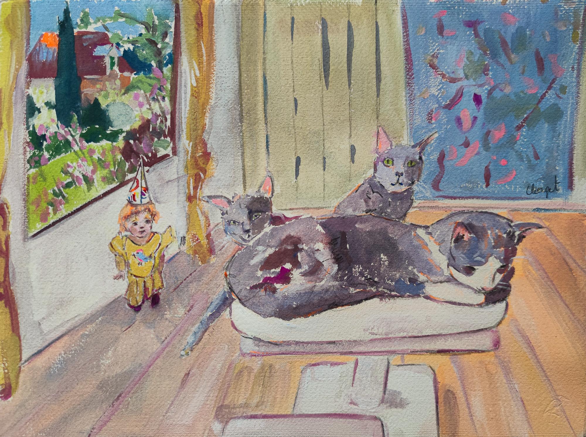 Französischer Impressionist Gouache-Gemälde "Drei kleine Katzen in meinem Haus"
