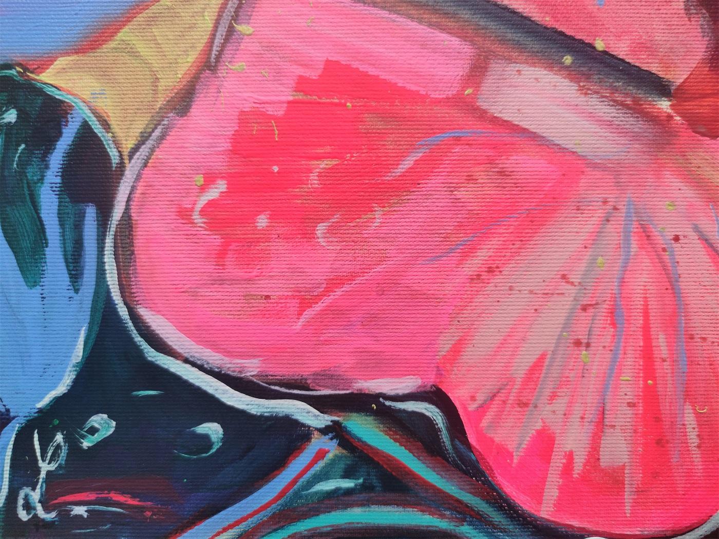 Abstraktes Pflanzgefäßgemälde mit roten Wasserlilien als Hommage an Claude Monet – Painting von Linda Clerget