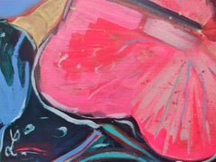 Abstract plant painting of red water lilies in tribute to Claude Monet