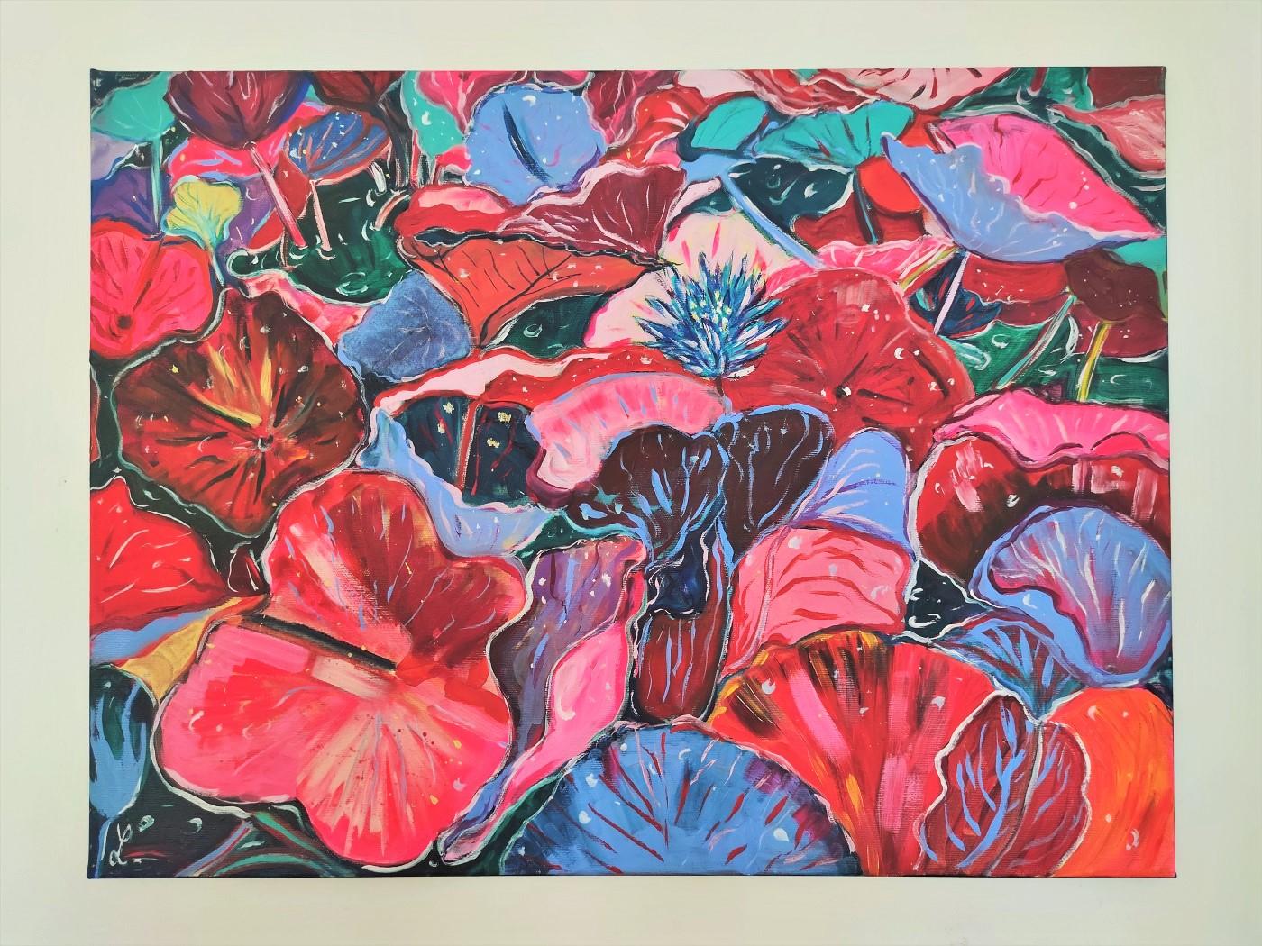 Abstraktes Pflanzgefäßgemälde mit roten Wasserlilien als Hommage an Claude Monet (Moderne), Painting, von Linda Clerget
