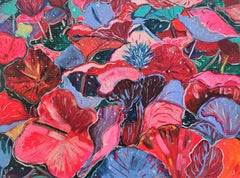Abstract plant painting of red water lilies in tribute to Claude Monet