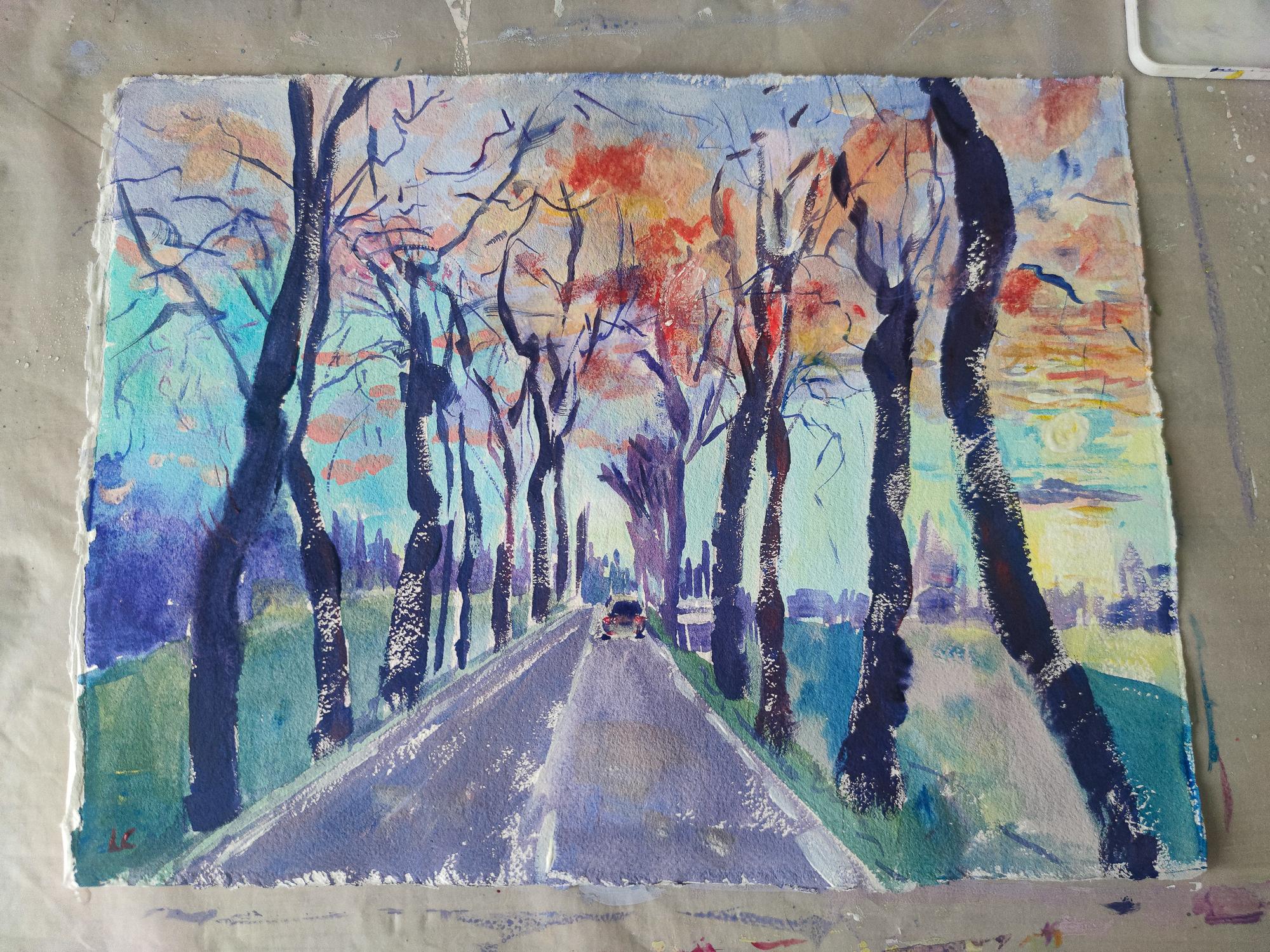 GLOWING SKY OVER THE PLANE TREES - Painting by Linda Clerget