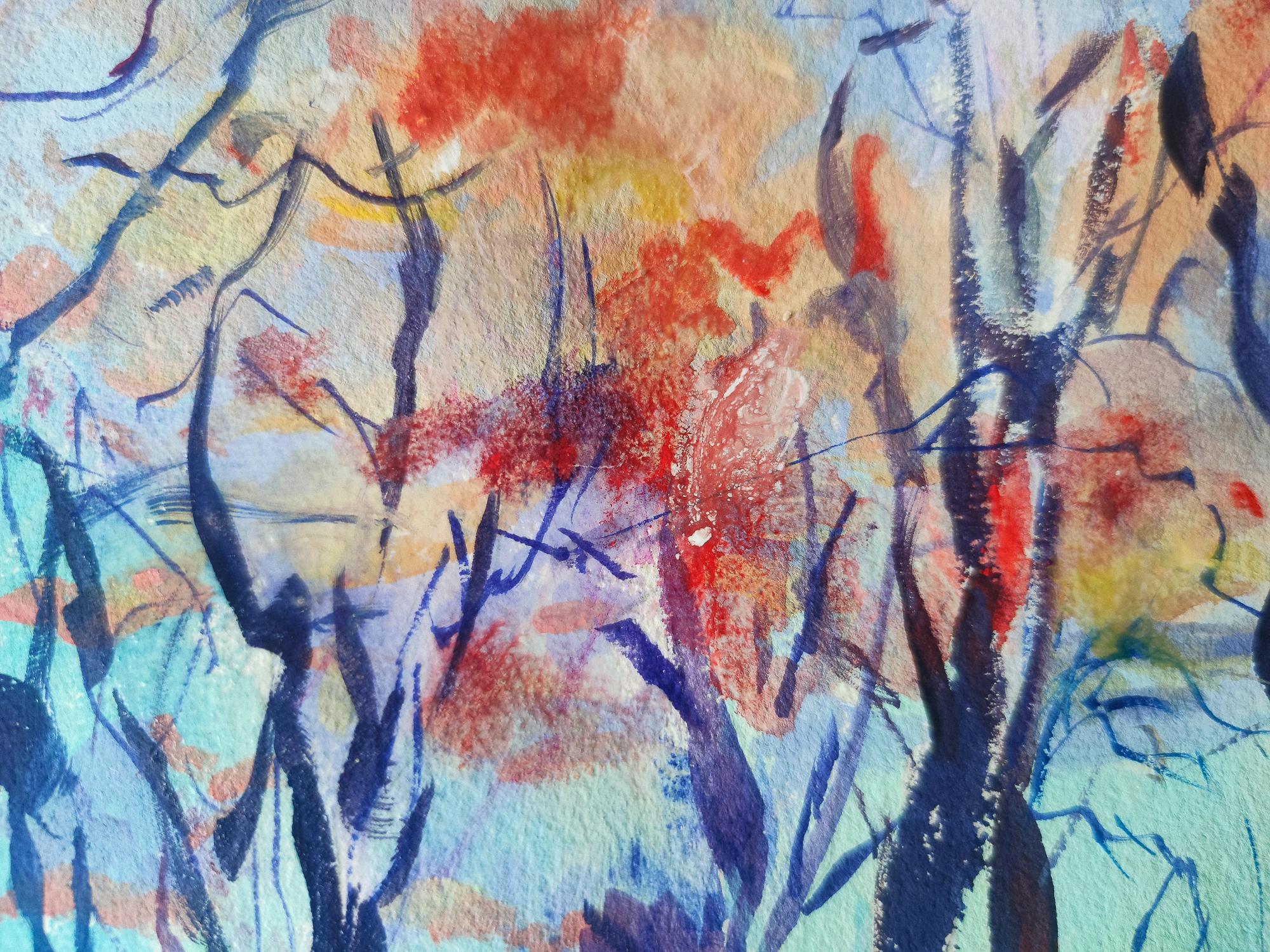 CIEL LUMINEUX AU-DESSUS DES PLATANES - Gris Landscape Painting par Linda Clerget