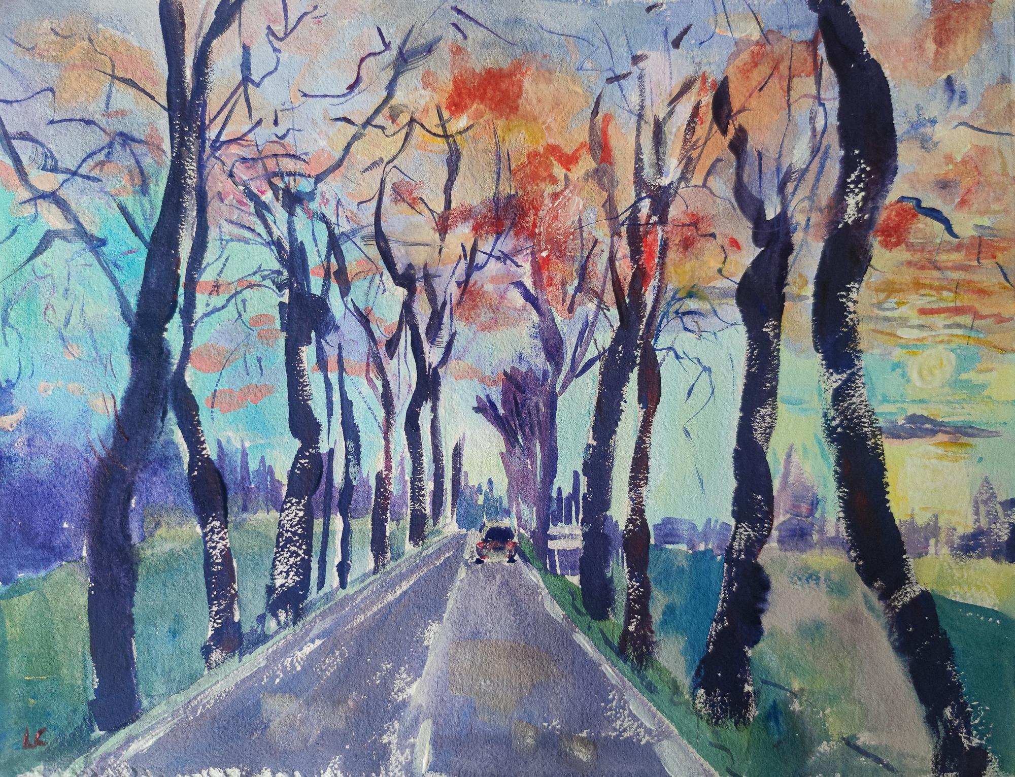 Linda Clerget Landscape Painting - GLOWING SKY OVER THE PLANE TREES