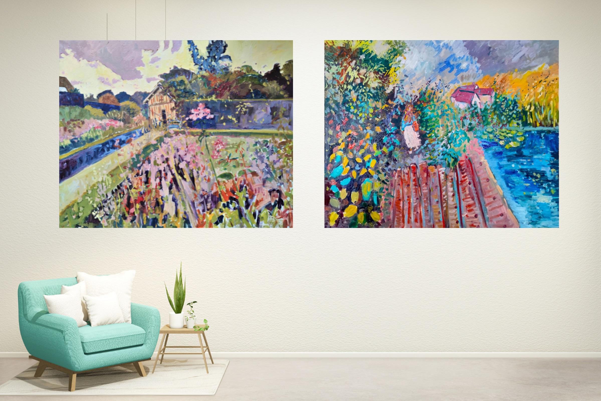 Linda Clerget Landscape Painting - French impressionist Diptych "Harmony of the Normandy Countryside"