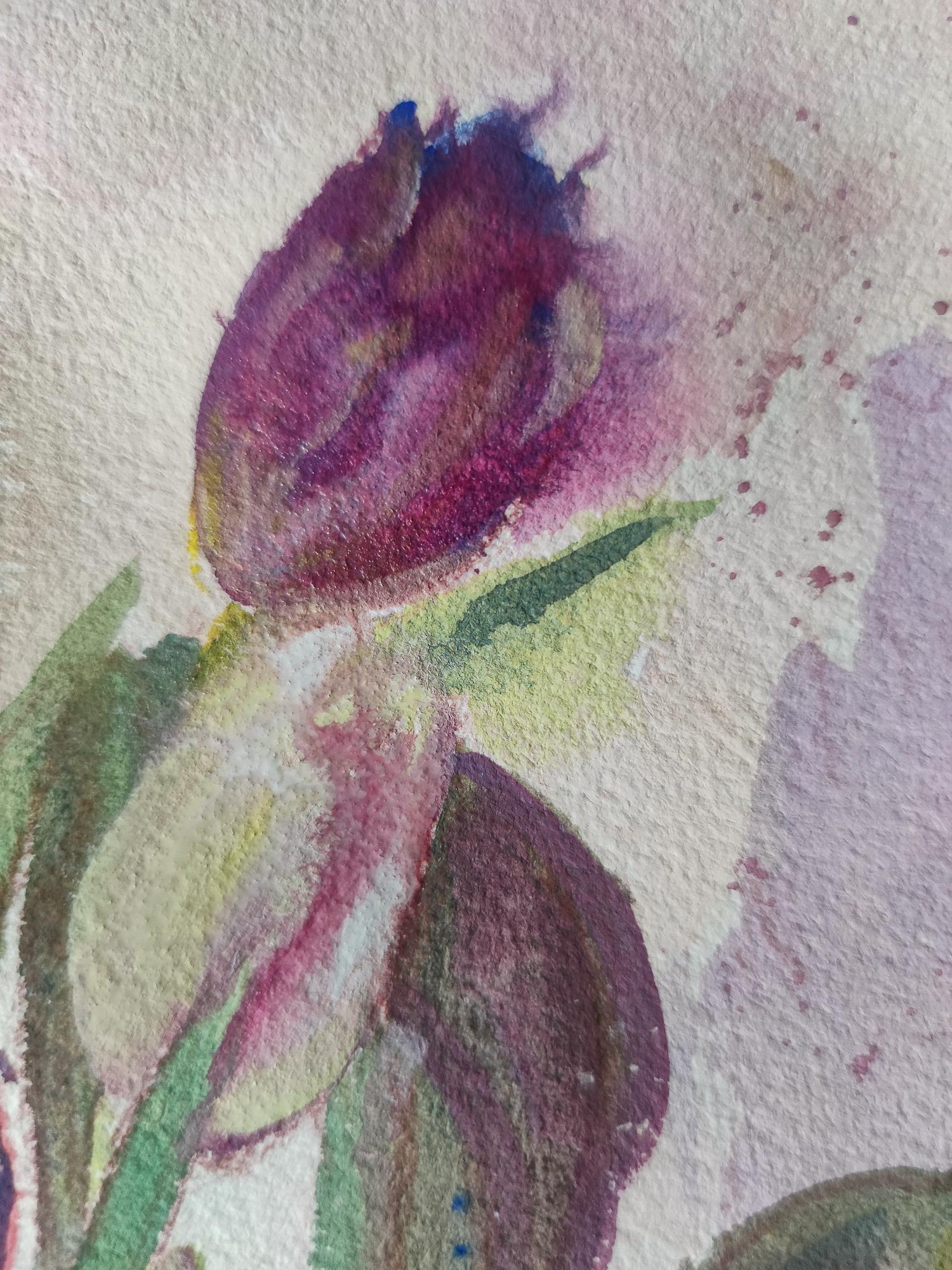 In this enchanting artwork, Linda Clerget captures the very essence of blossoming nature through a majestic bouquet of tulips. Delicate petals unfurl in a burst of vibrant colors, ranging from soft hues to bold bursts. Each tulip, like a harmonious