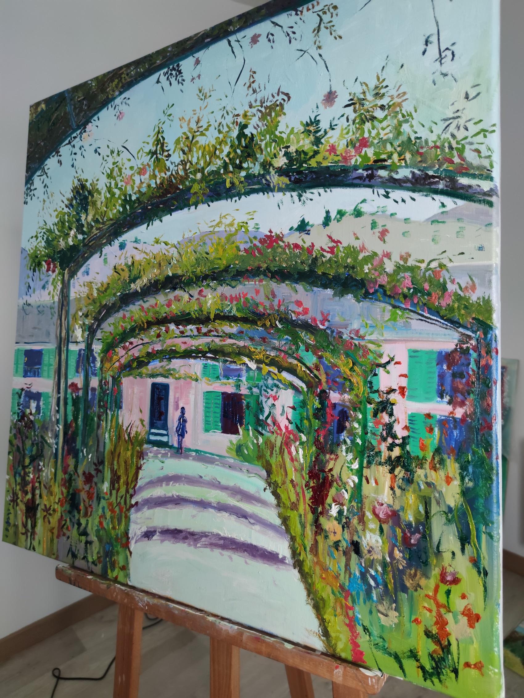 Impressionist landscape of the garden of Giverny 'Floral Walk' - Painting by Linda Clerget