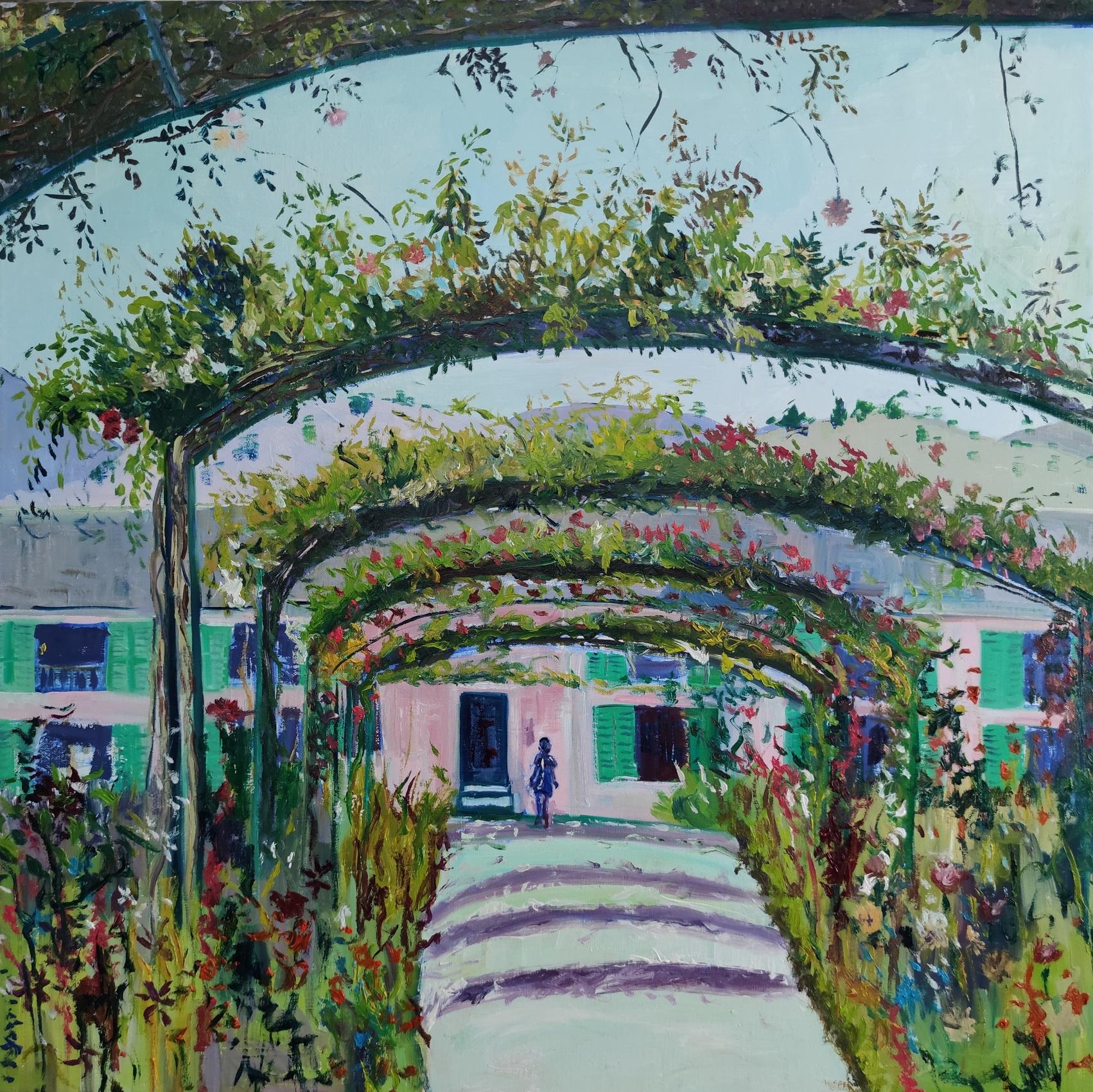 Linda Clerget Figurative Painting - Impressionist landscape of the garden of Giverny 'Floral Walk'