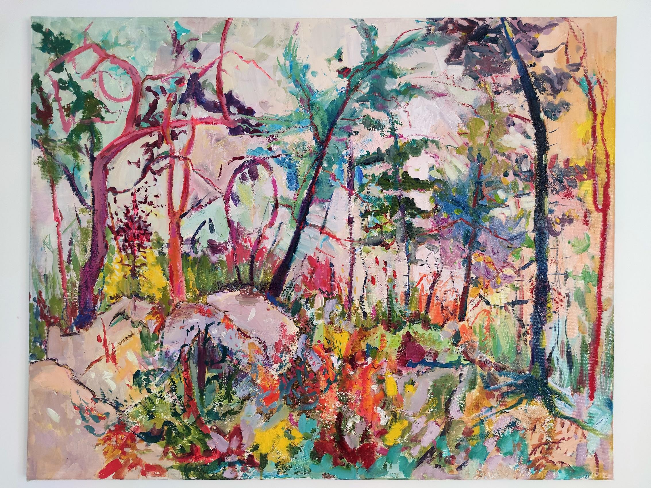 Quadro astratto impressionista all'aperto sulla foresta, 