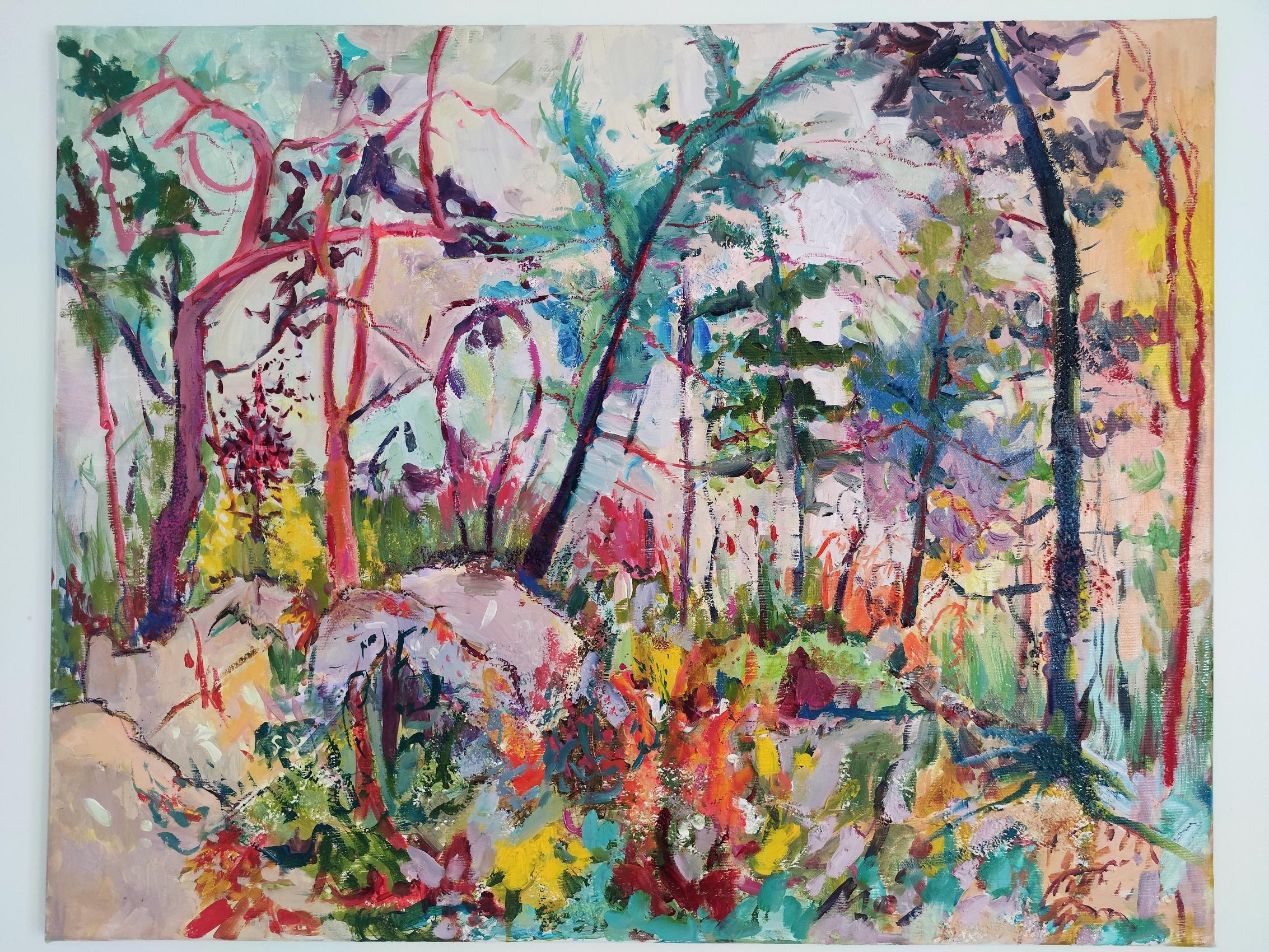 Quadro astratto impressionista all'aperto sulla foresta, 