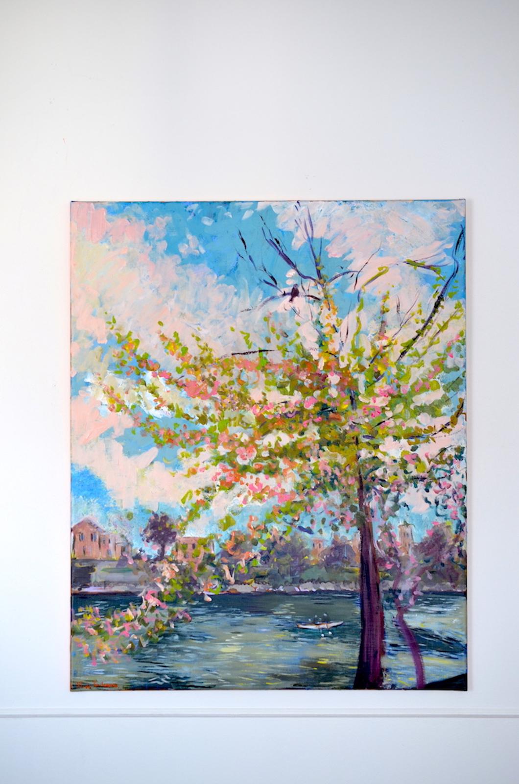 Paysage de printemps impressionniste « La chante de l'oiseau » - Painting de Linda Clerget