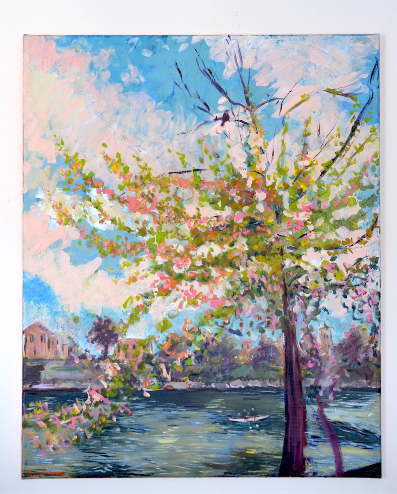 Paysage de printemps impressionniste « La chante de l'oiseau » - Impressionnisme Painting par Linda Clerget