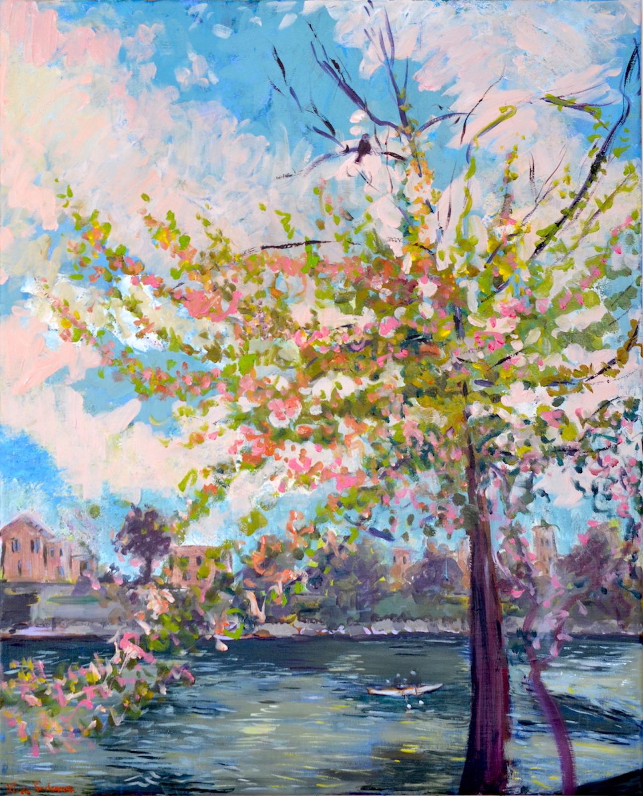 Landscape Painting Linda Clerget - Paysage de printemps impressionniste « La chante de l'oiseau »