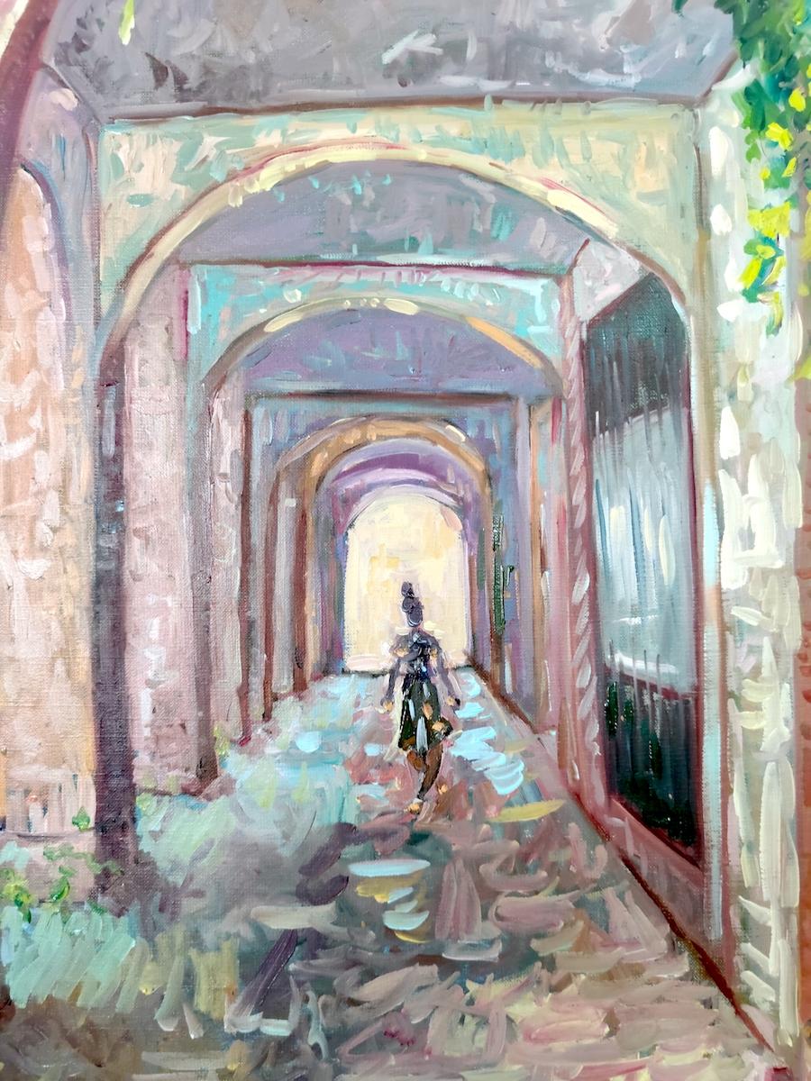 IMPRESSIONIST URBAN SCENE 'THE ARCADES, LA ROCHELLE' - Painting by Linda Clerget