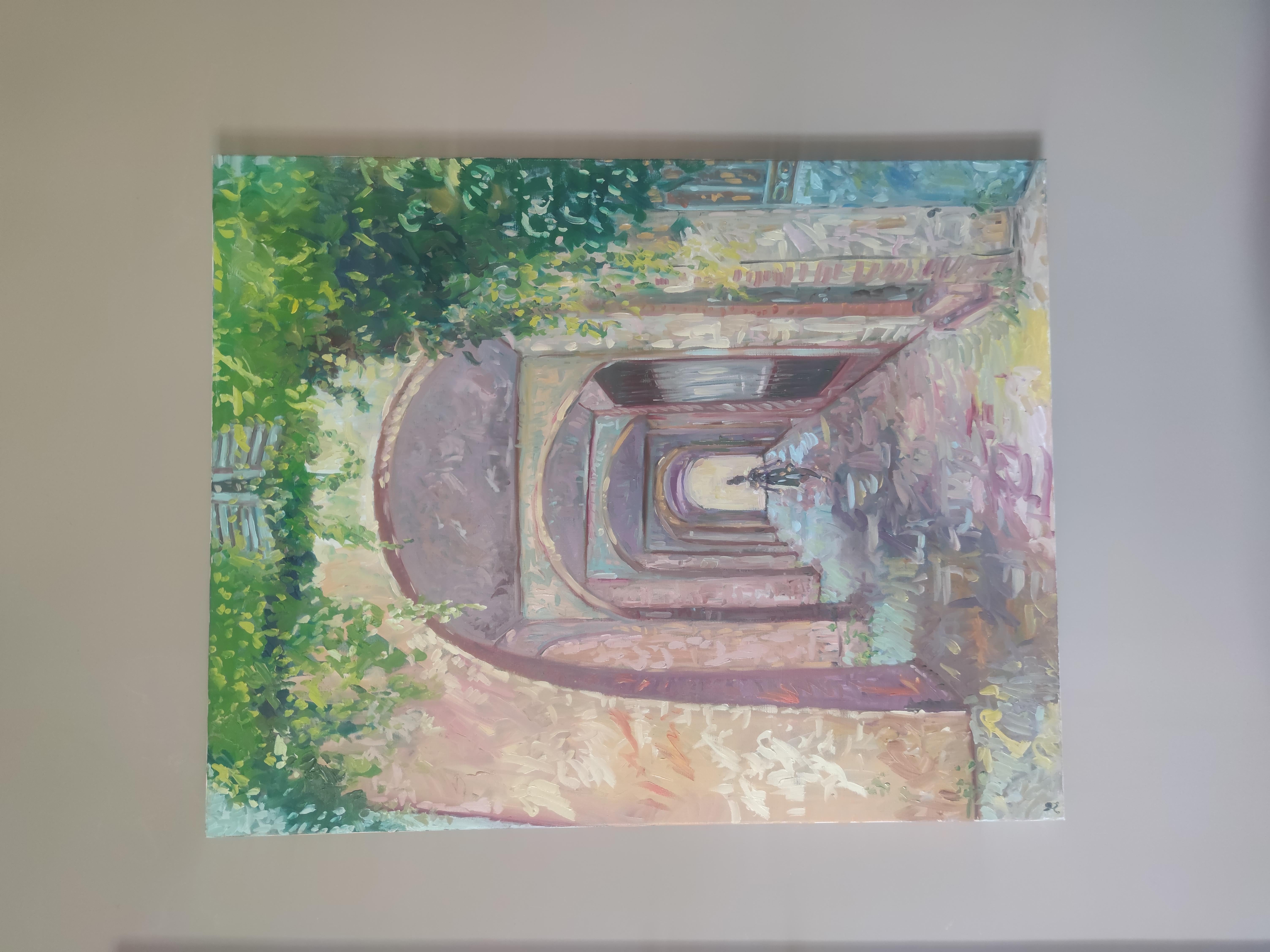 IMPRESSIONIST URBAN SCENE 'THE ARCADES, LA ROCHELLE' - Impressionist Painting by Linda Clerget