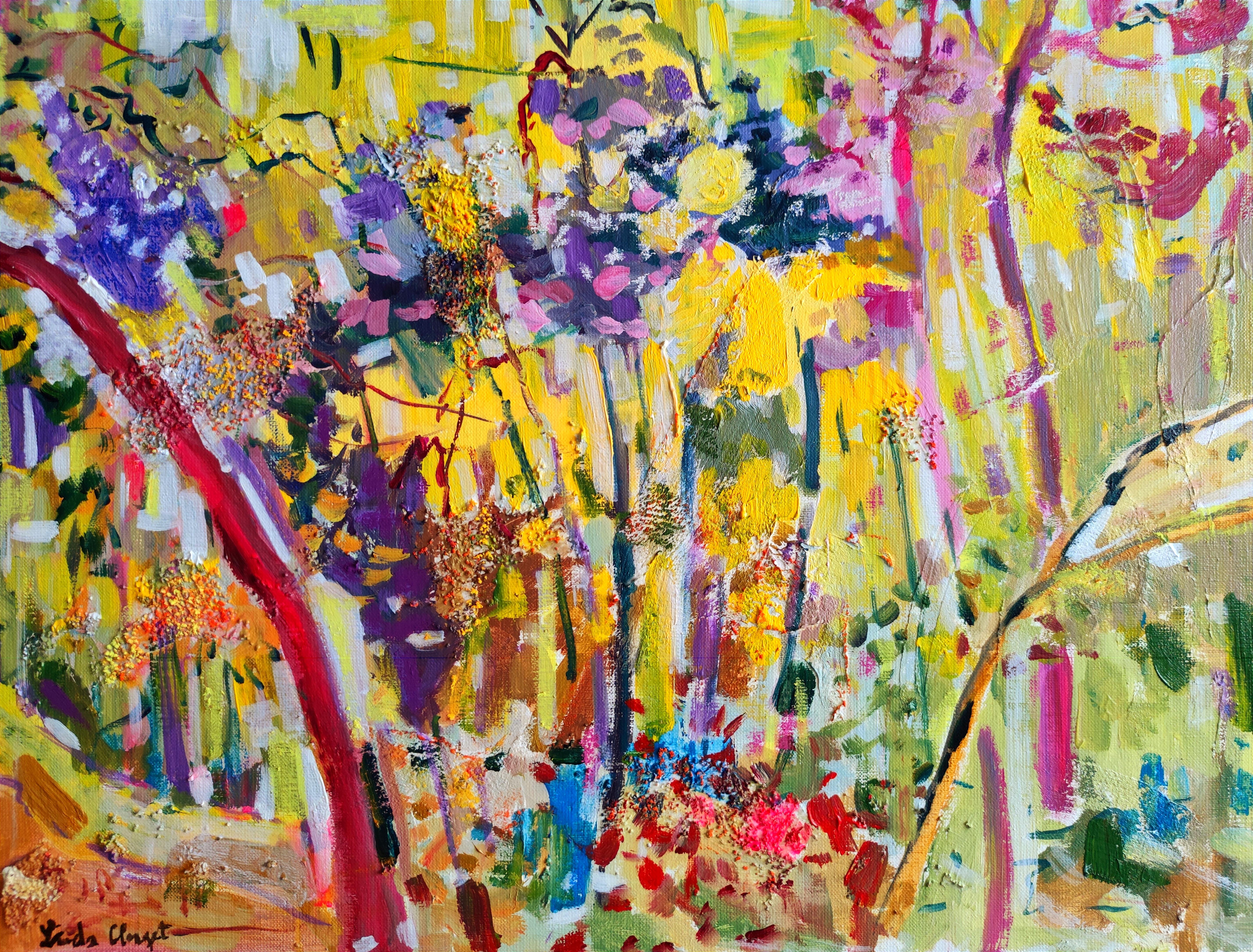 Linda Clerget Abstract Painting – Abstraktes Landschaftsgemälde in Gelb- und Goldtönen, „ Learning with the forest“