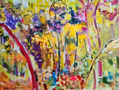 Abstract landscape painting in yellow and gold tones, "Learning with the forest"