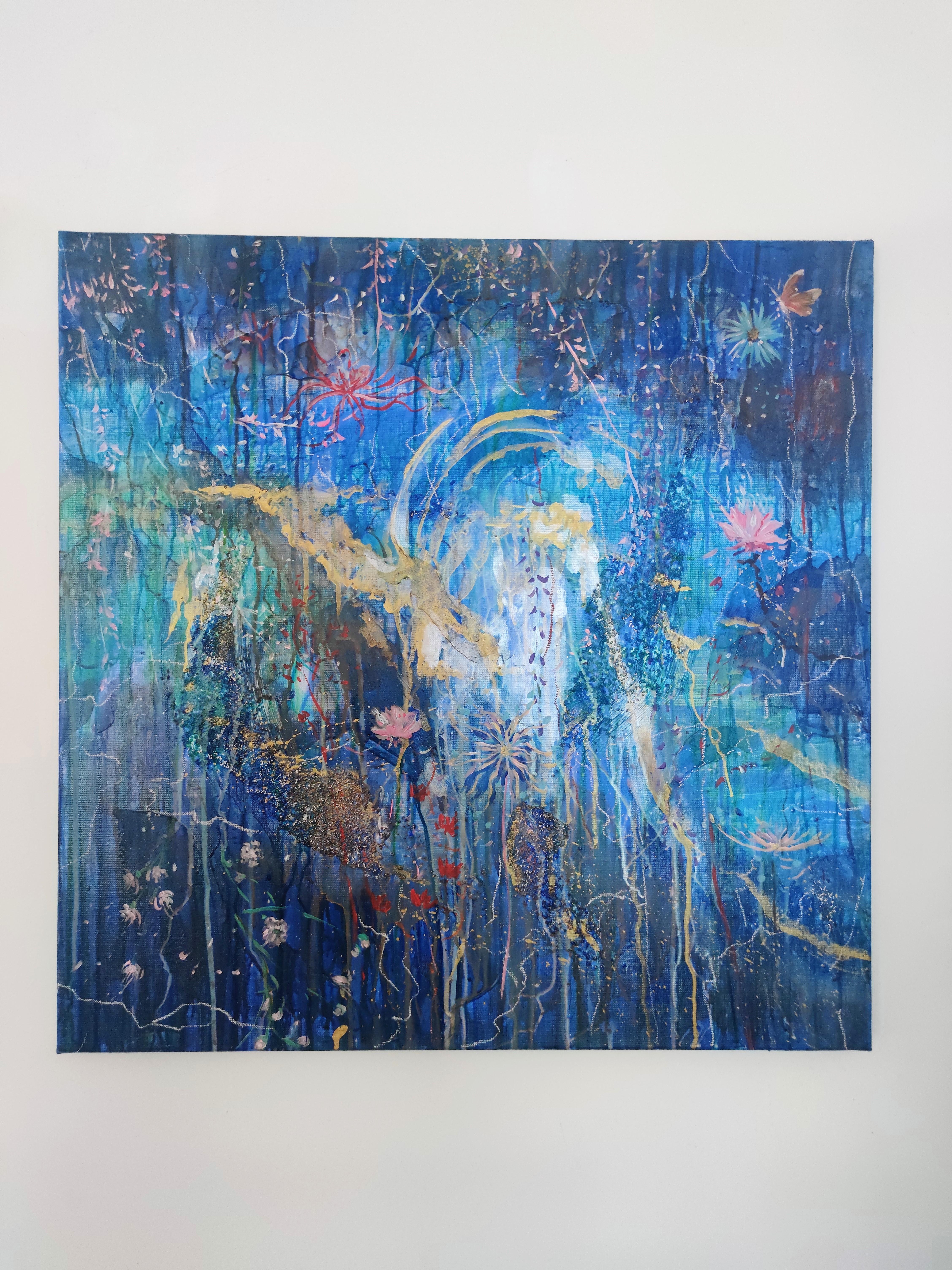 'Like a butterfly in the cosmos', Blue Cosmic and vegetal abstract painting - Painting by Linda Clerget