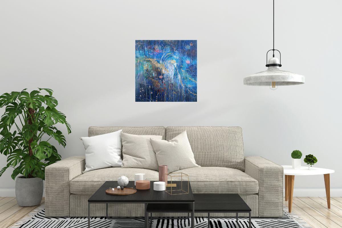 'Like a butterfly in the cosmos', Blue Cosmic and vegetal abstract painting - Abstract Painting by Linda Clerget