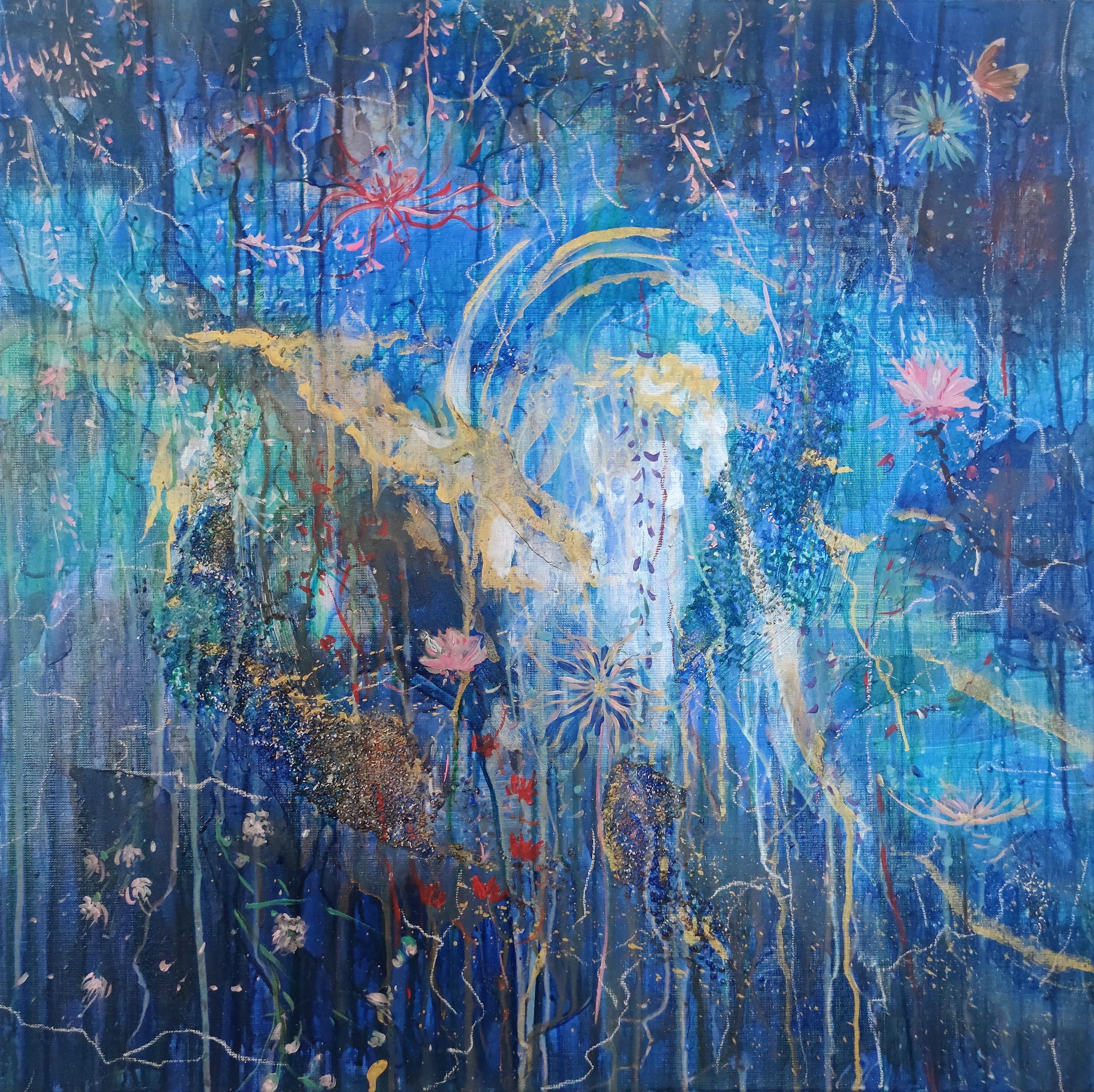 Linda Clerget Landscape Painting - 'Like a butterfly in the cosmos', Blue Cosmic and vegetal abstract painting