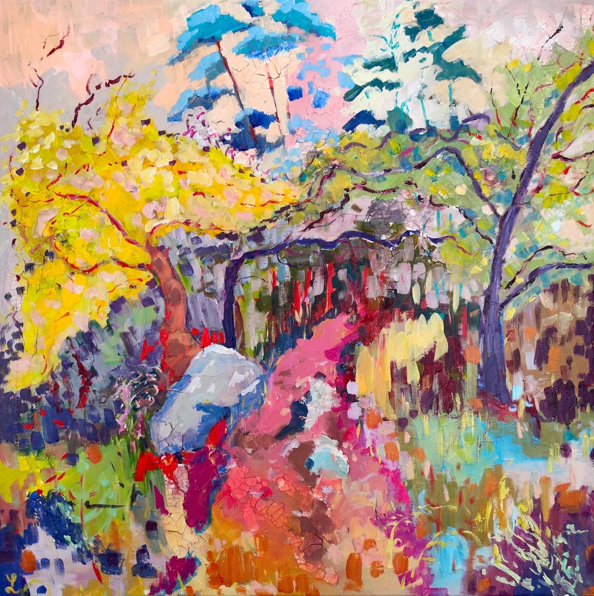Linda Clerget Landscape Painting - Expressionnist outdoor abstract painting, "Meet at the Croix d'Augas"