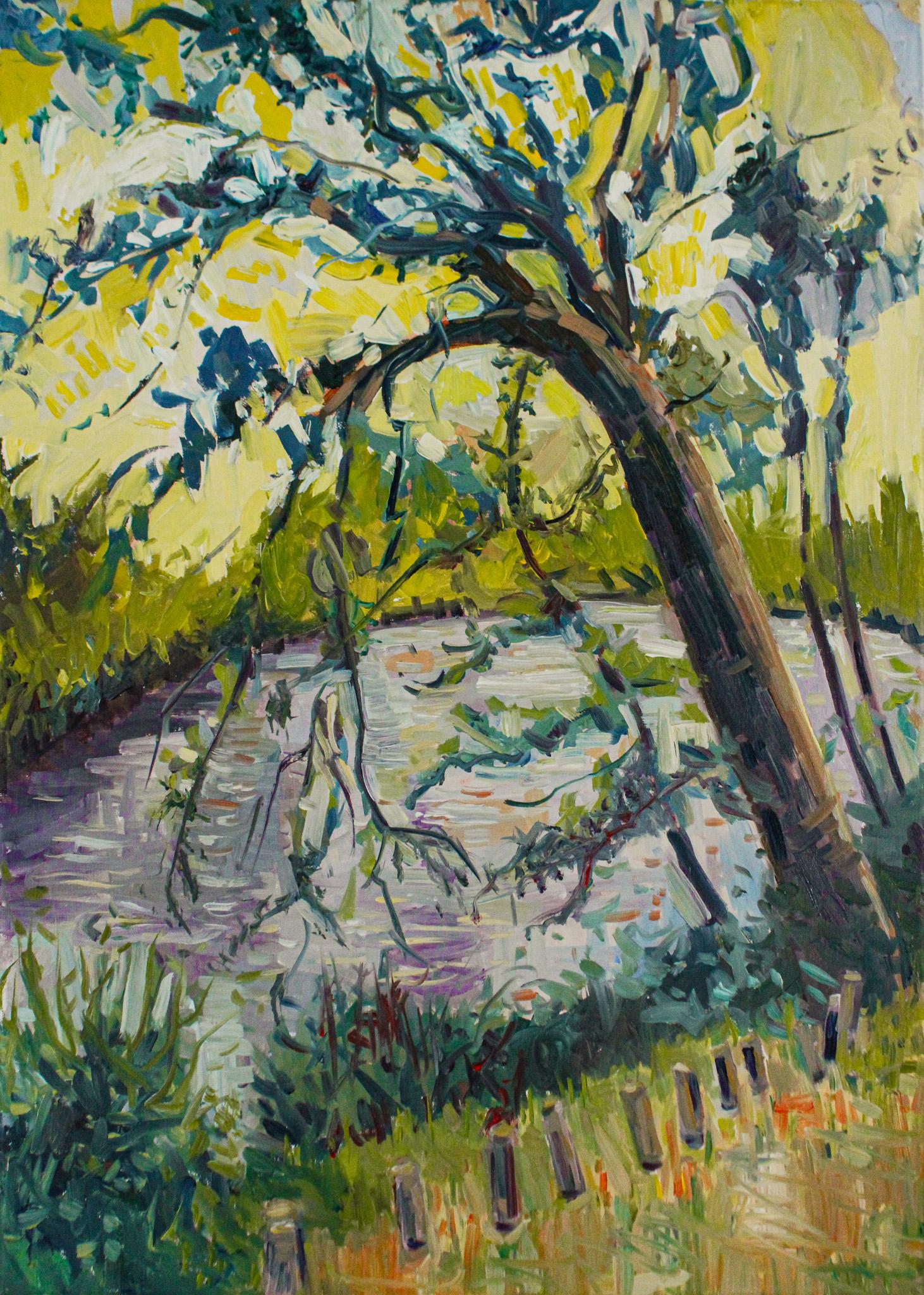 Linda Clerget Abstract Painting – Neoimpressionistisches Gemälde „TREE BY THE SEINE“