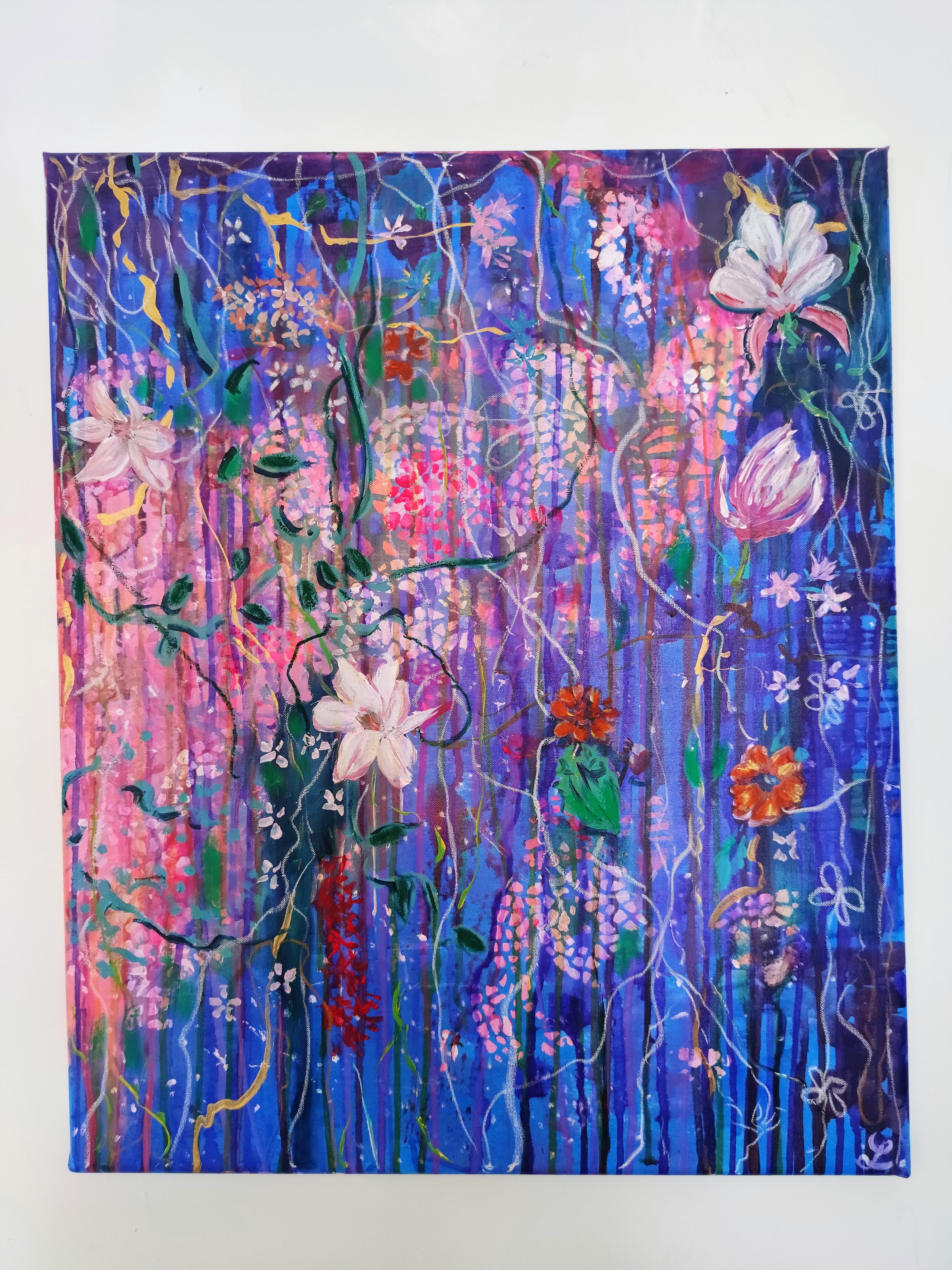 Nuovi Mondi, Pittura astratta espressiva cosmica e vegetale - Painting di Linda Clerget