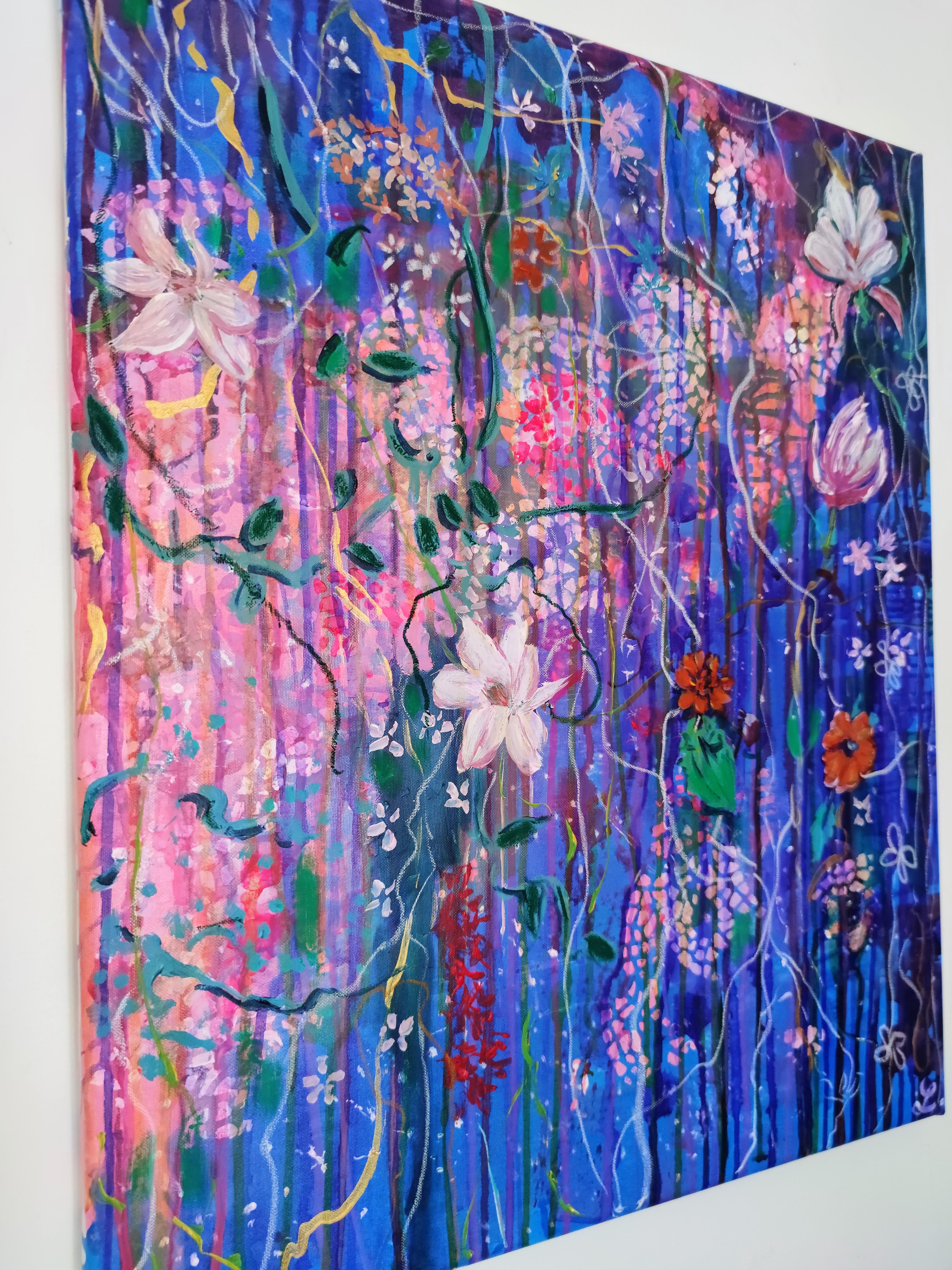 Nuovi Mondi, Pittura astratta espressiva cosmica e vegetale - Painting Astratto di Linda Clerget