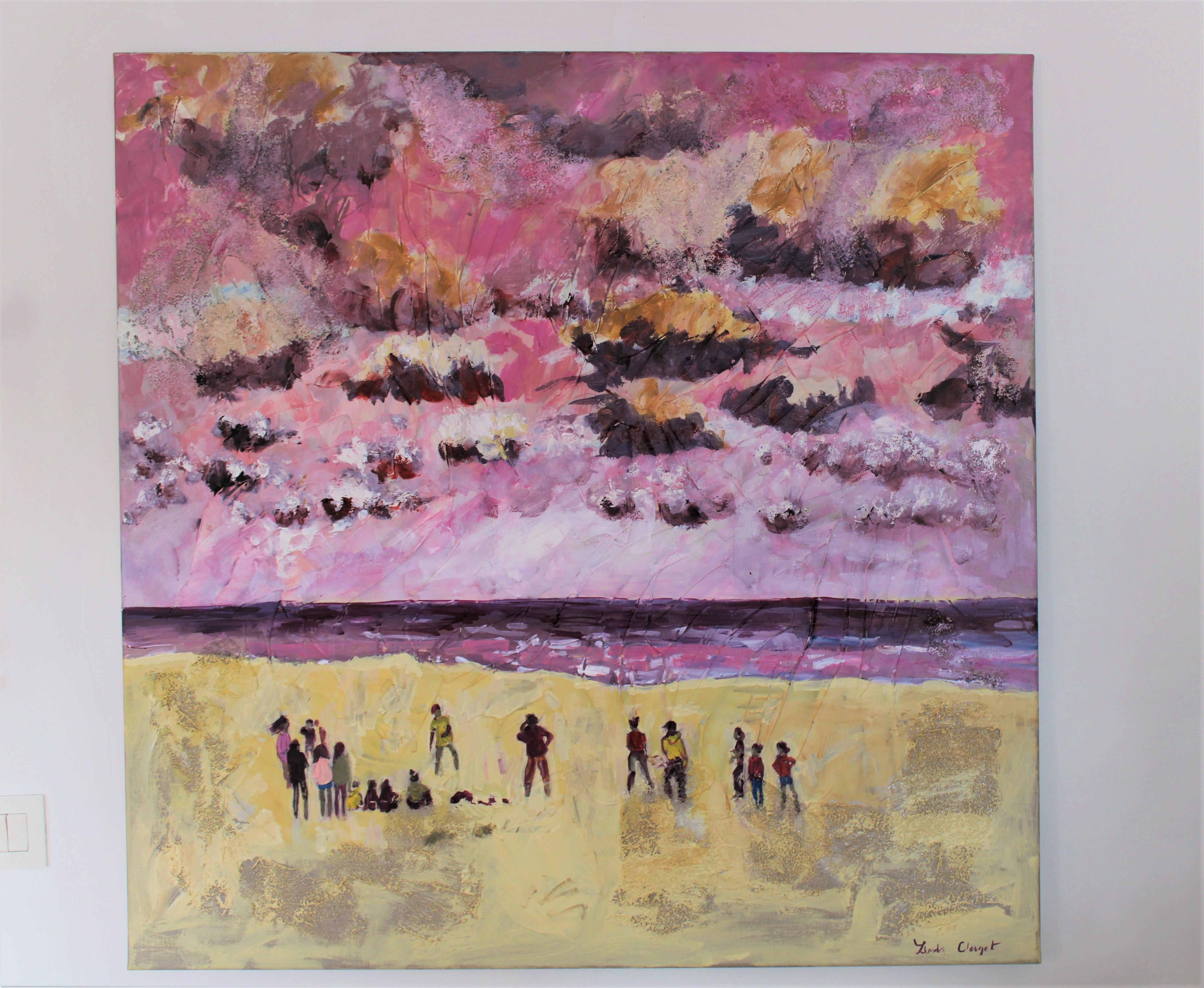 Pink beach  - Painting by Linda Clerget