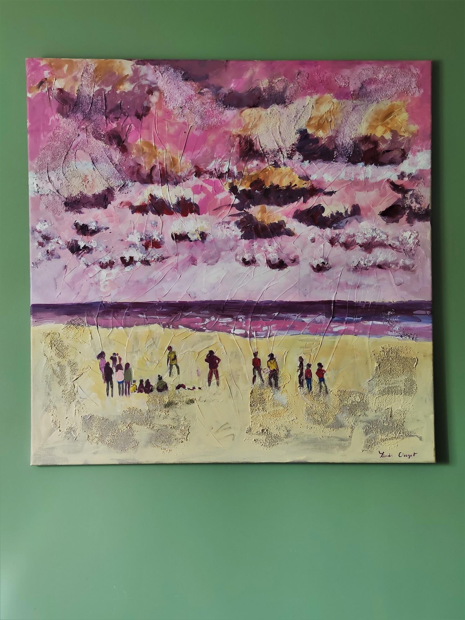 Plage rose - Marron Landscape Painting par Linda Clerget