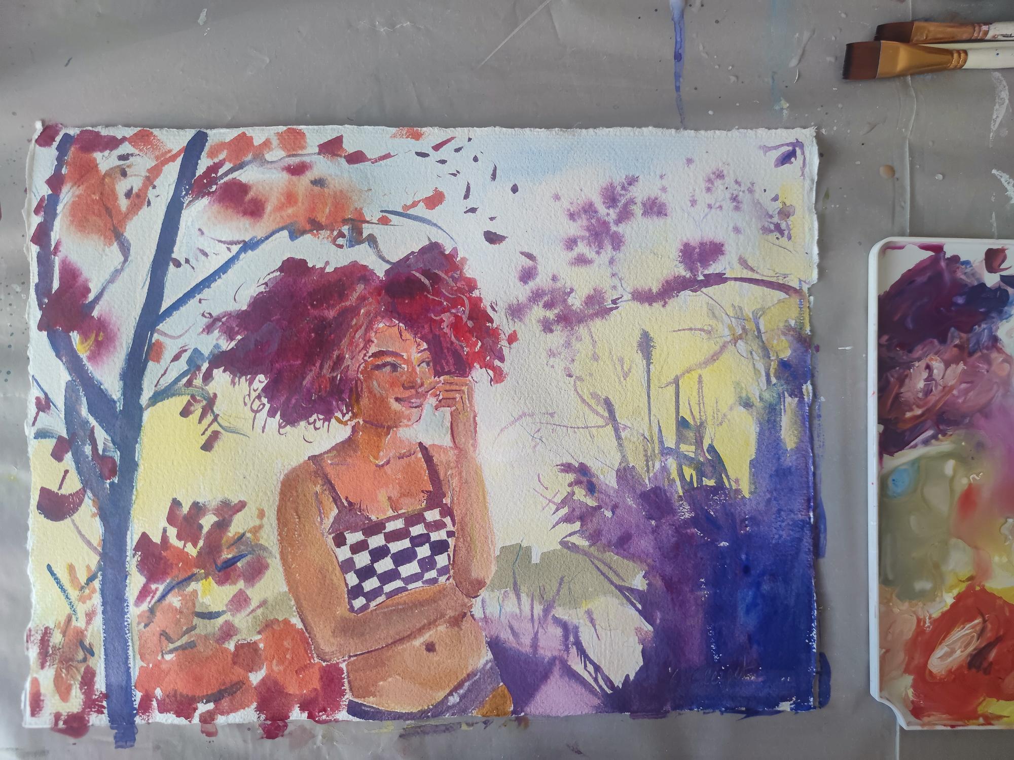 This gouache on paper takes up the themes dear to Linda CLerget: femininity, nature and joy. Here, the colors shift from orange to violet, and the young girl's hair blends with the orange hues of the sunset leaves. It's all about creating harmony